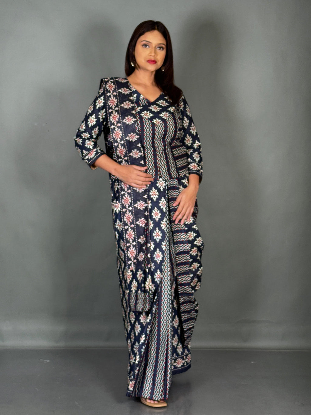 Navy Blue Maroon Ajrak Print Insta Saree Set