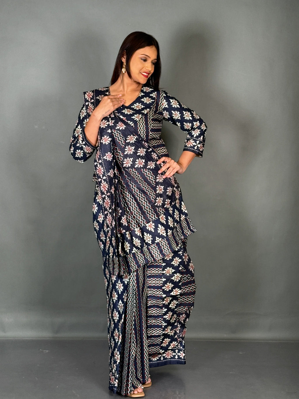Navy Blue Maroon Ajrak Print Insta Saree Set