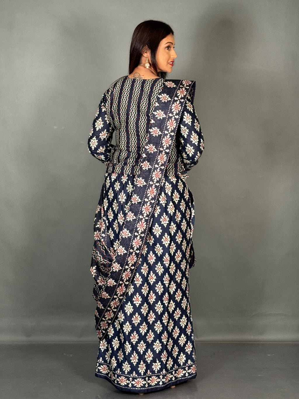Navy Blue Maroon Ajrak Print Insta Saree Set