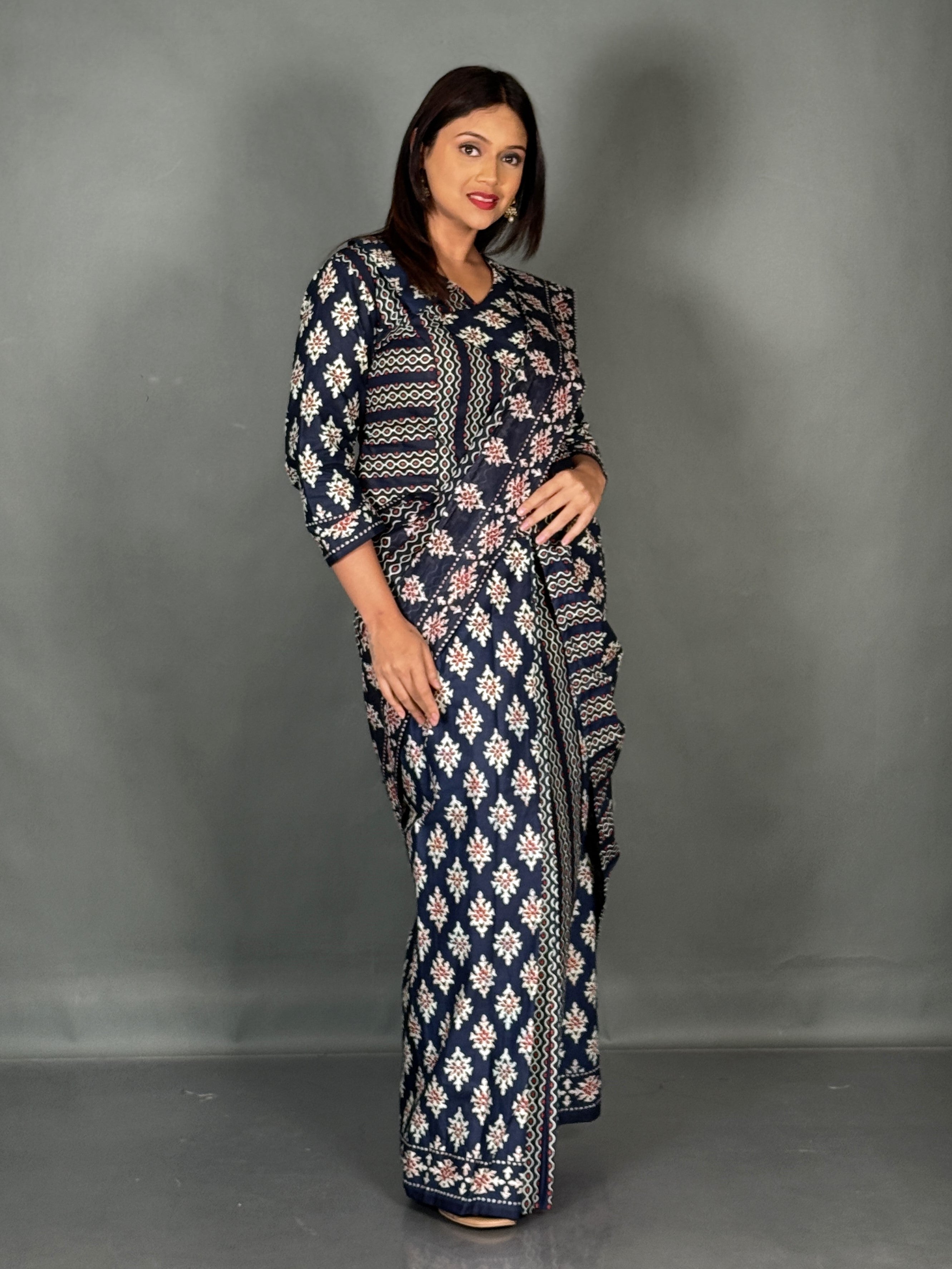 Navy Blue Maroon Ajrak Print Insta Saree Set