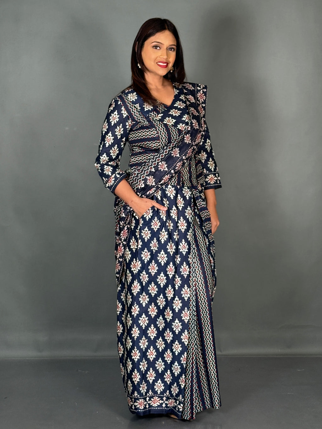Navy Blue Maroon Ajrak Print Insta Saree Set
