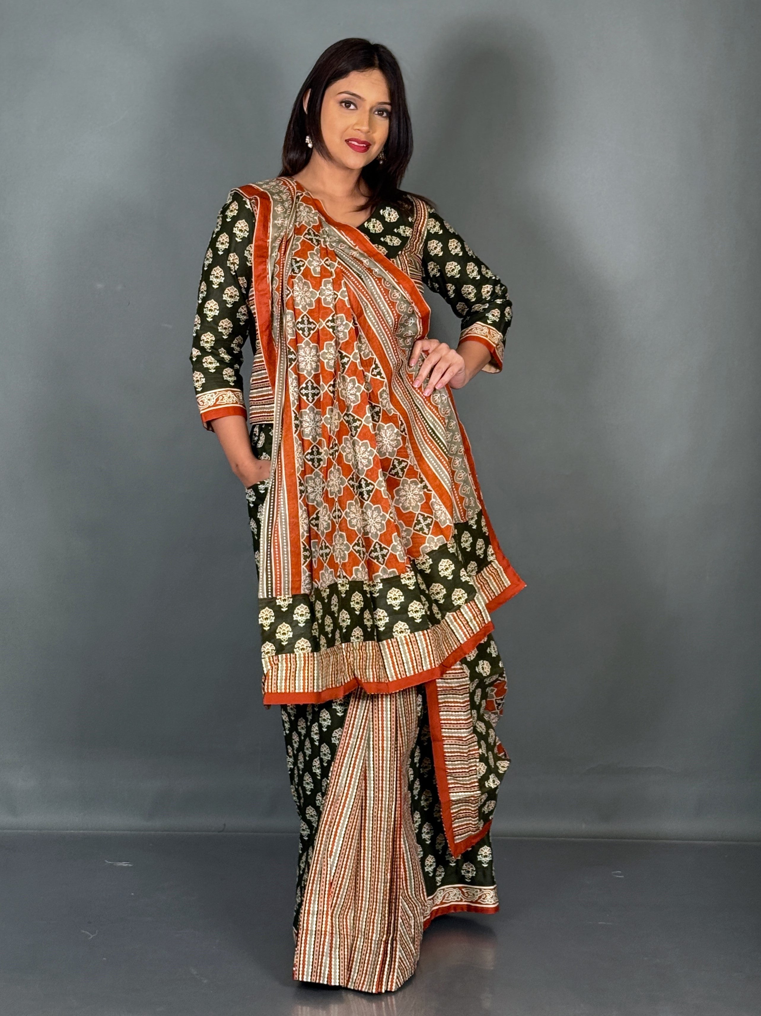 Bottle Green Rust Ajrak Print Insta Saree Set