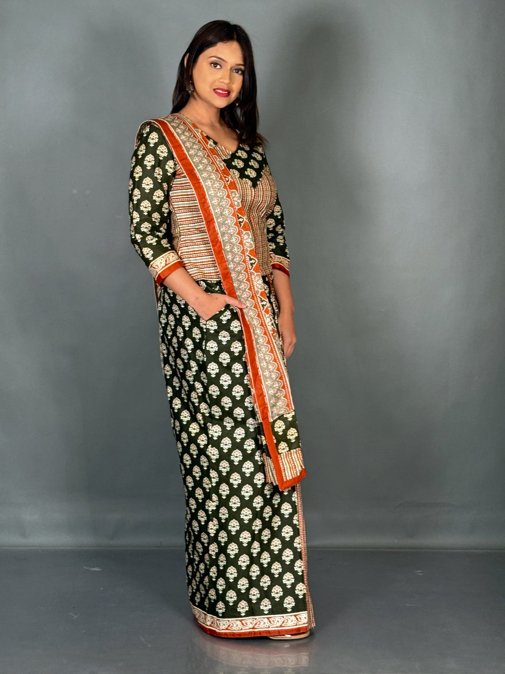 Bottle Green Rust Ajrak Print Insta Saree Set