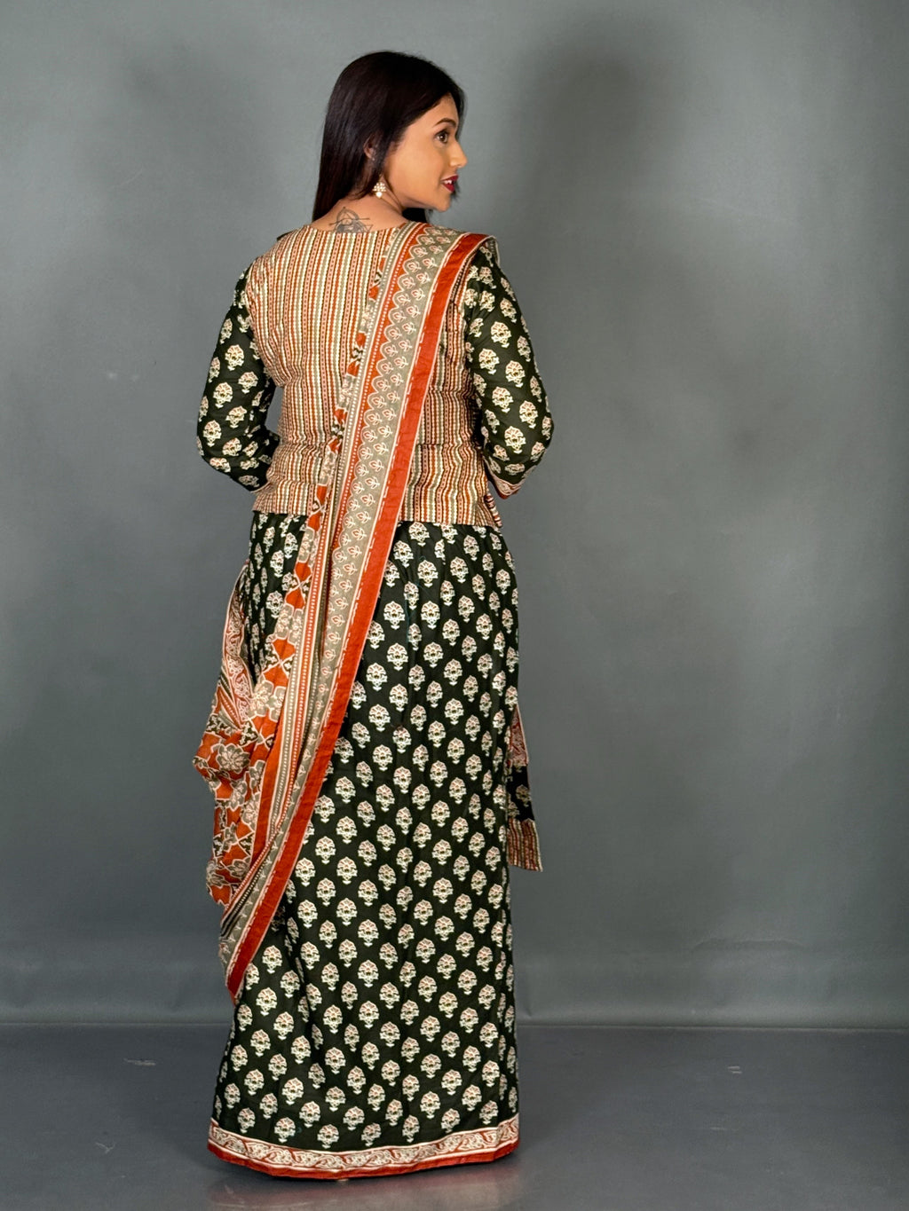 Bottle Green Rust Ajrak Print Insta Saree Set