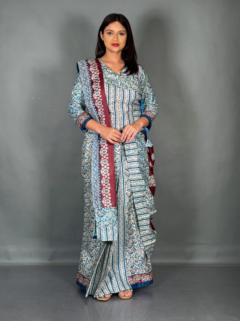 Maroon Firoza Ajrak Print Plus Size Insta Saree Set