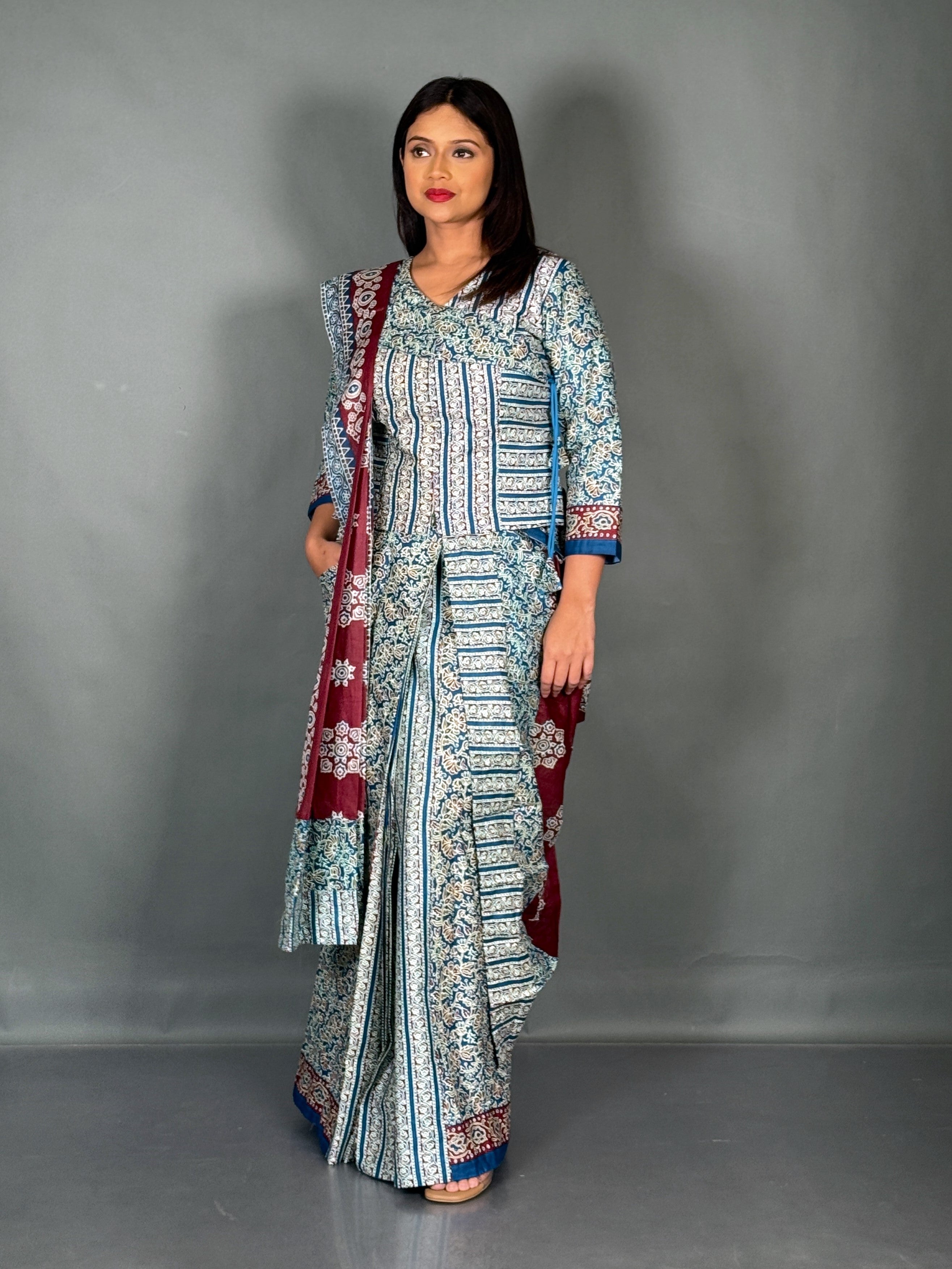 Maroon Firoza Ajrak Print Plus Size Insta Saree Set