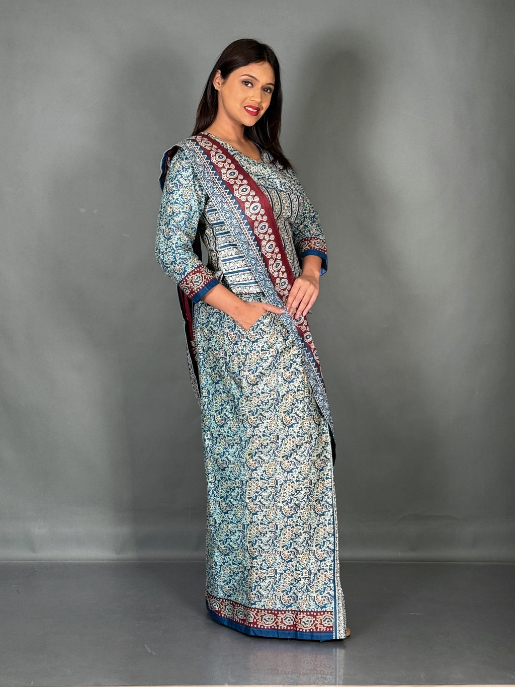 Maroon Firoza Ajrak Print Plus Size Insta Saree Set