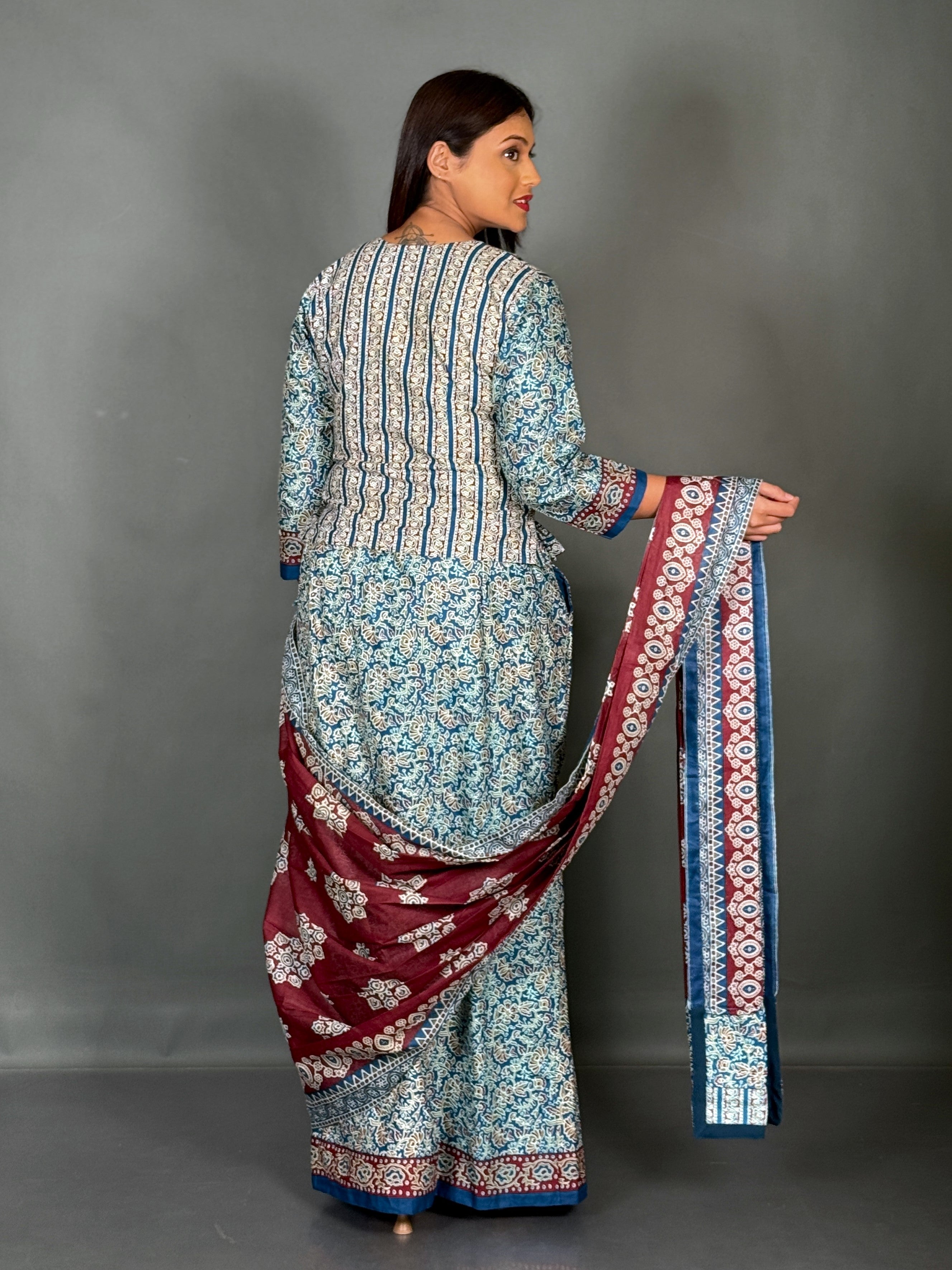 Maroon Firoza Ajrak Print Plus Size Insta Saree Set