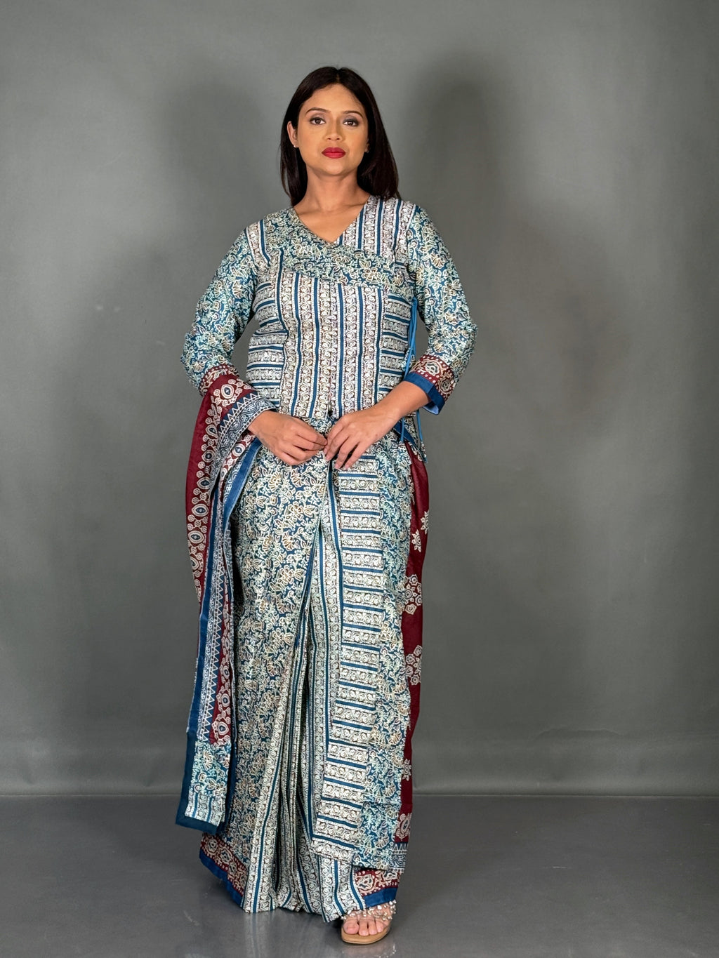 Maroon Firoza Ajrak Print Plus Size Insta Saree Set