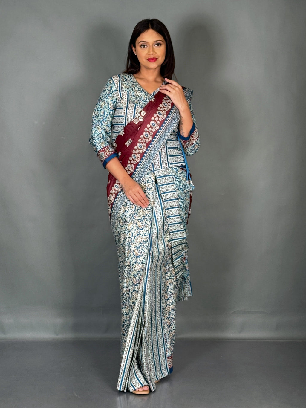 Maroon Firoza Ajrak Print Plus Size Insta Saree Set