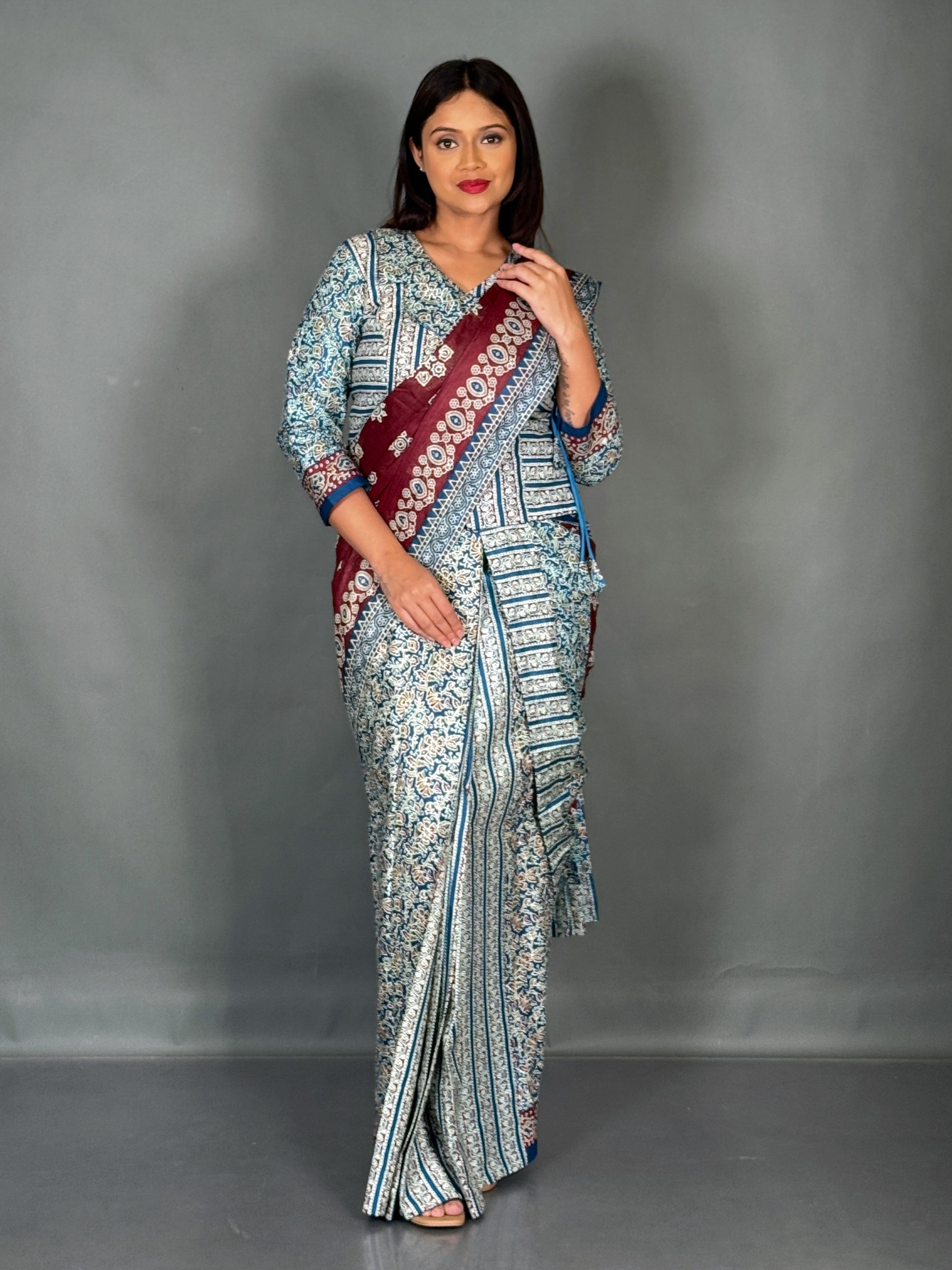 Maroon Firoza Ajrak Print Plus Size Insta Saree Set
