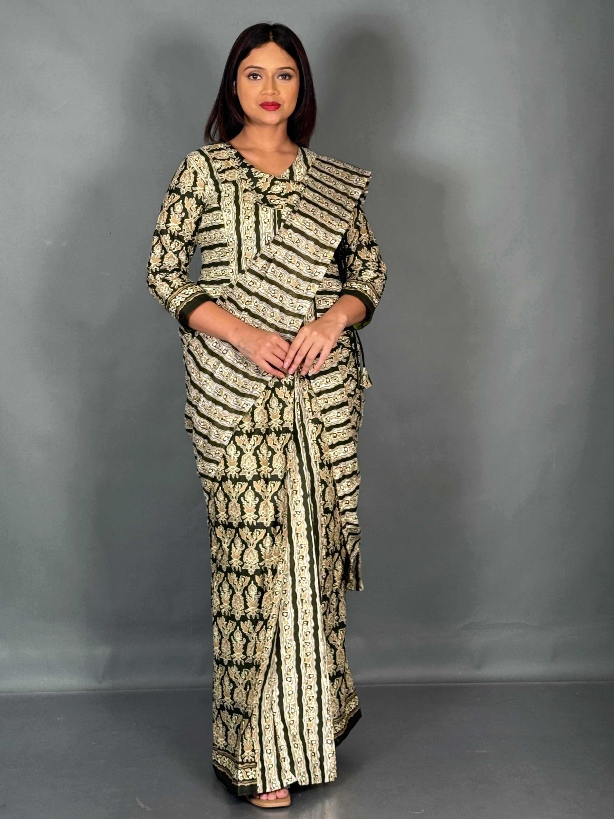 Olive Ethnic Plus Size Insta Saree Set