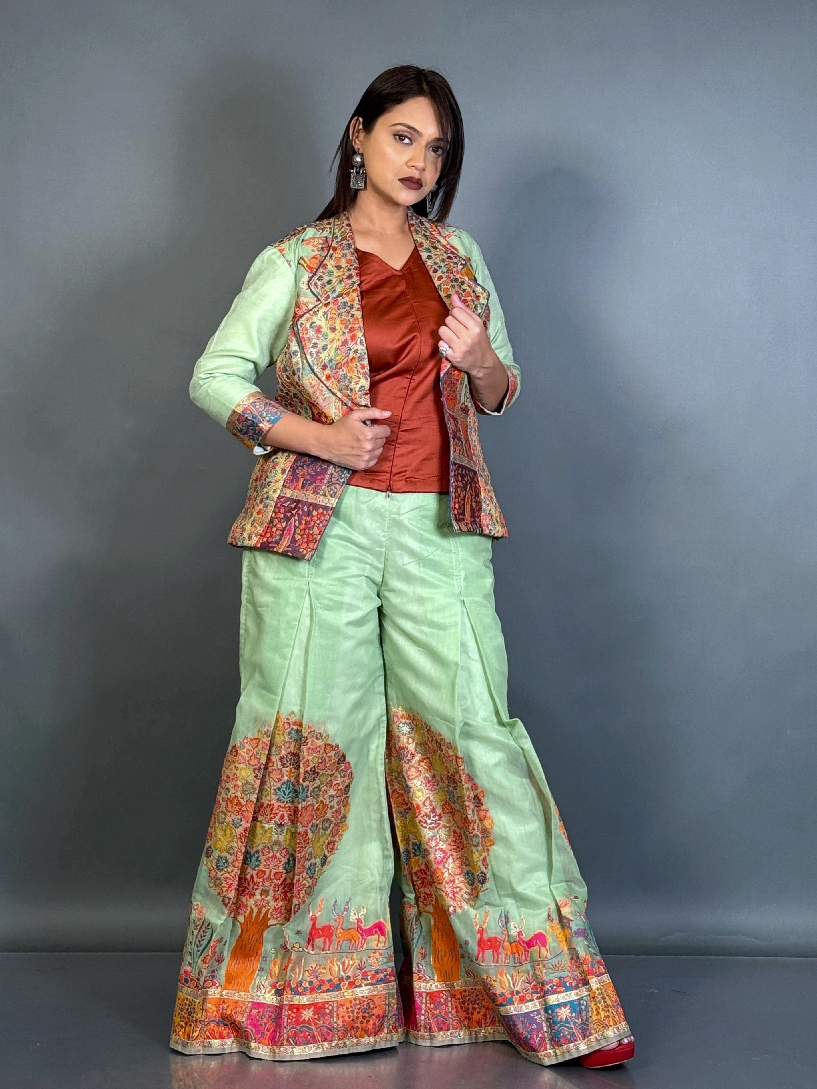 Elegant Rust & Pista Co-Ord Set with Blazer Jacket