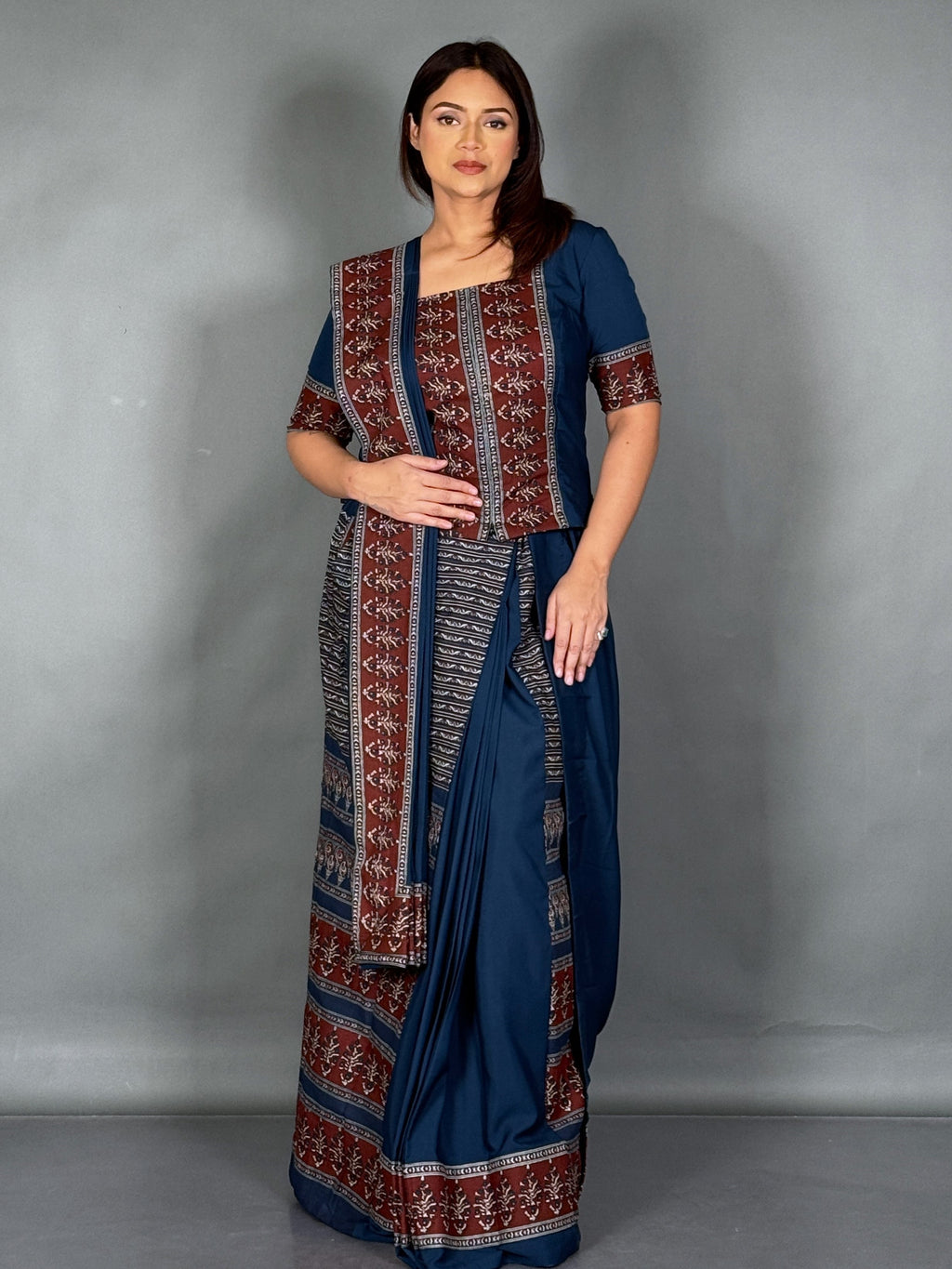 Moonlit Navy Ready-to-Wear Saree Set with Ajrak Charm in Cotton
