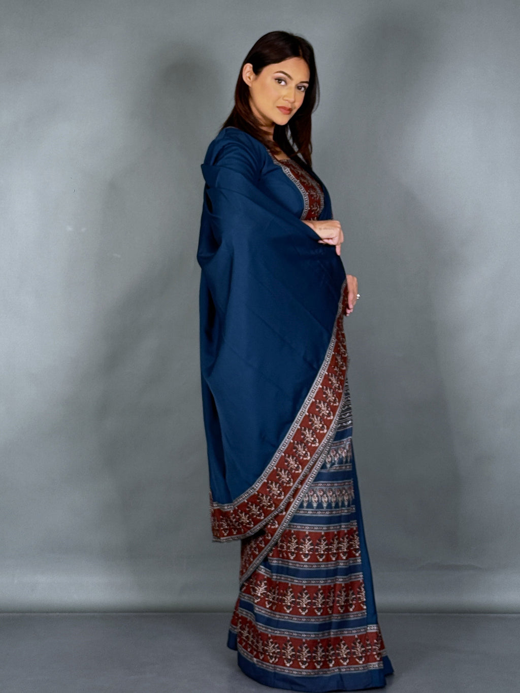 Moonlit Navy Ready-to-Wear Saree Set with Ajrak Charm in Cotton