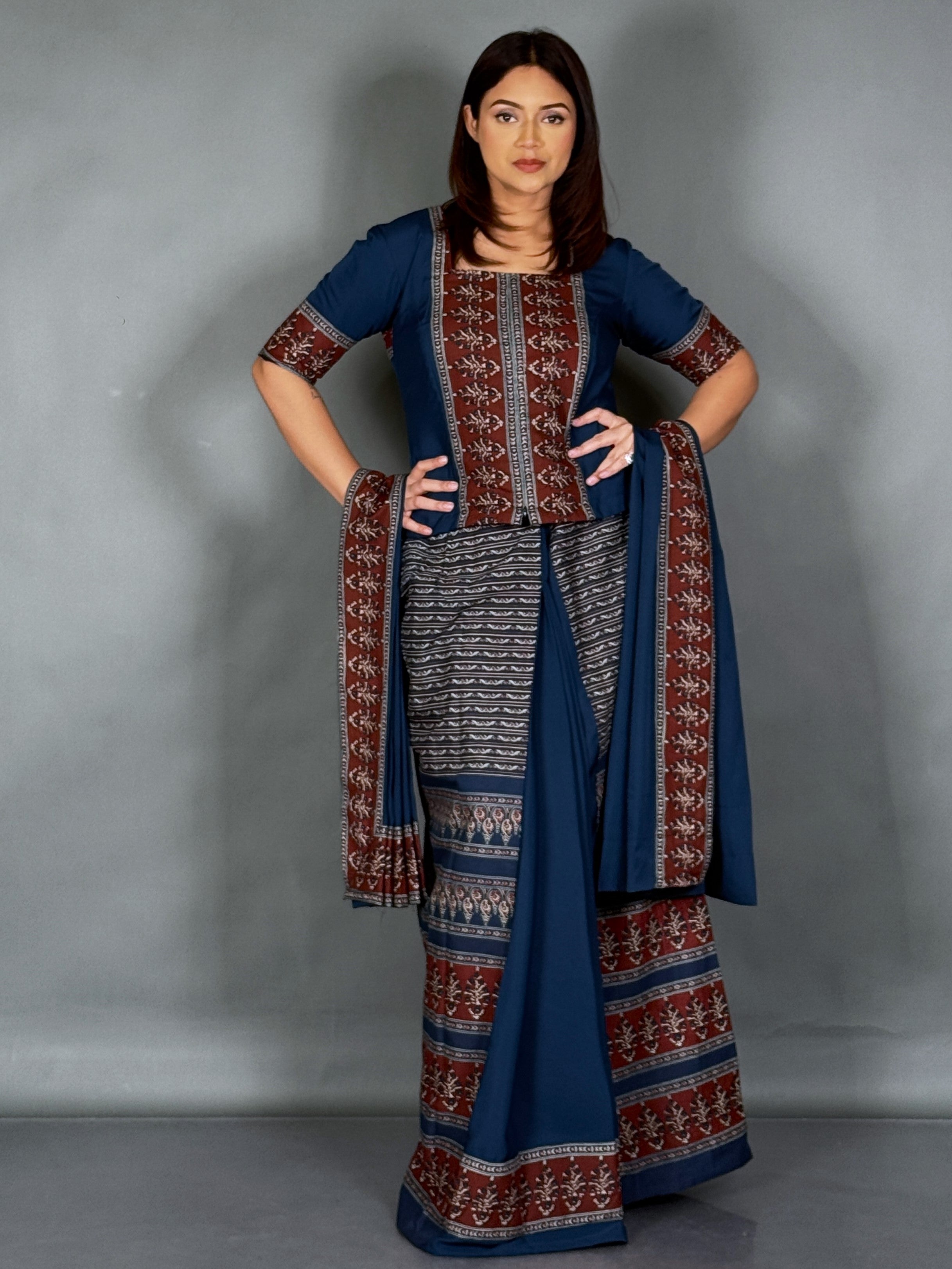 Moonlit Navy Ready-to-Wear Saree Set with Ajrak Charm in Cotton