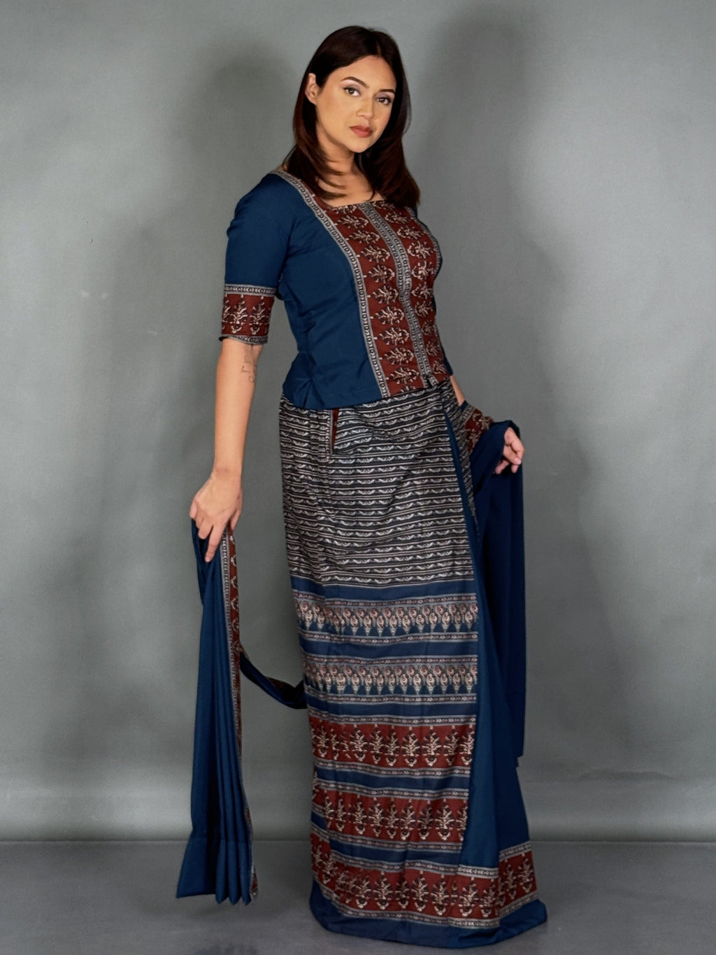 Moonlit Navy Ready-to-Wear Saree Set with Ajrak Charm in Cotton
