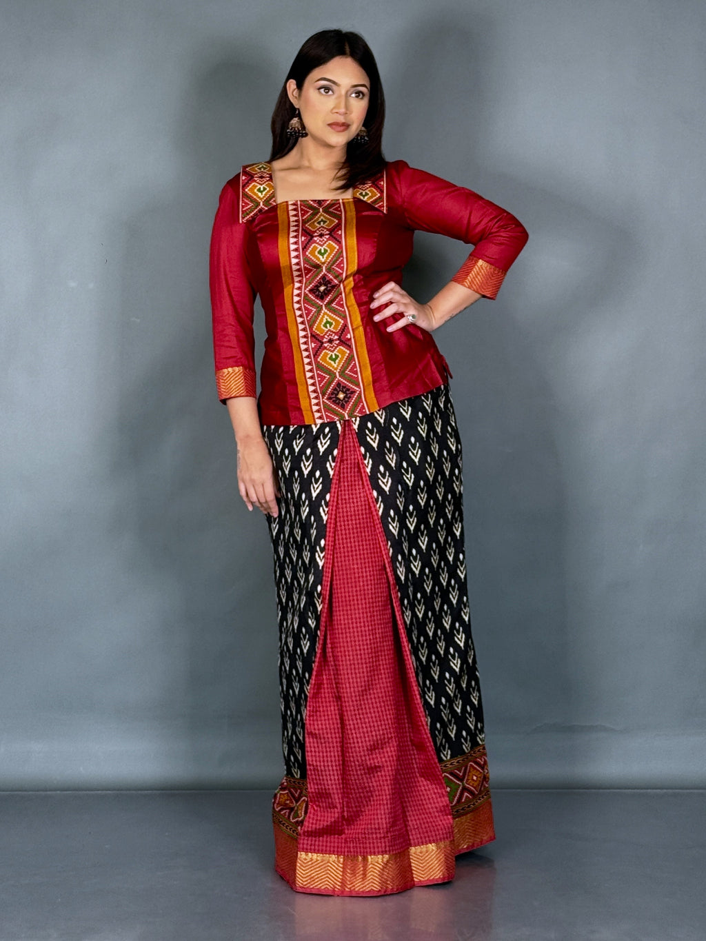 Urban Raga Maroon Black Printed Patola Fusion Set