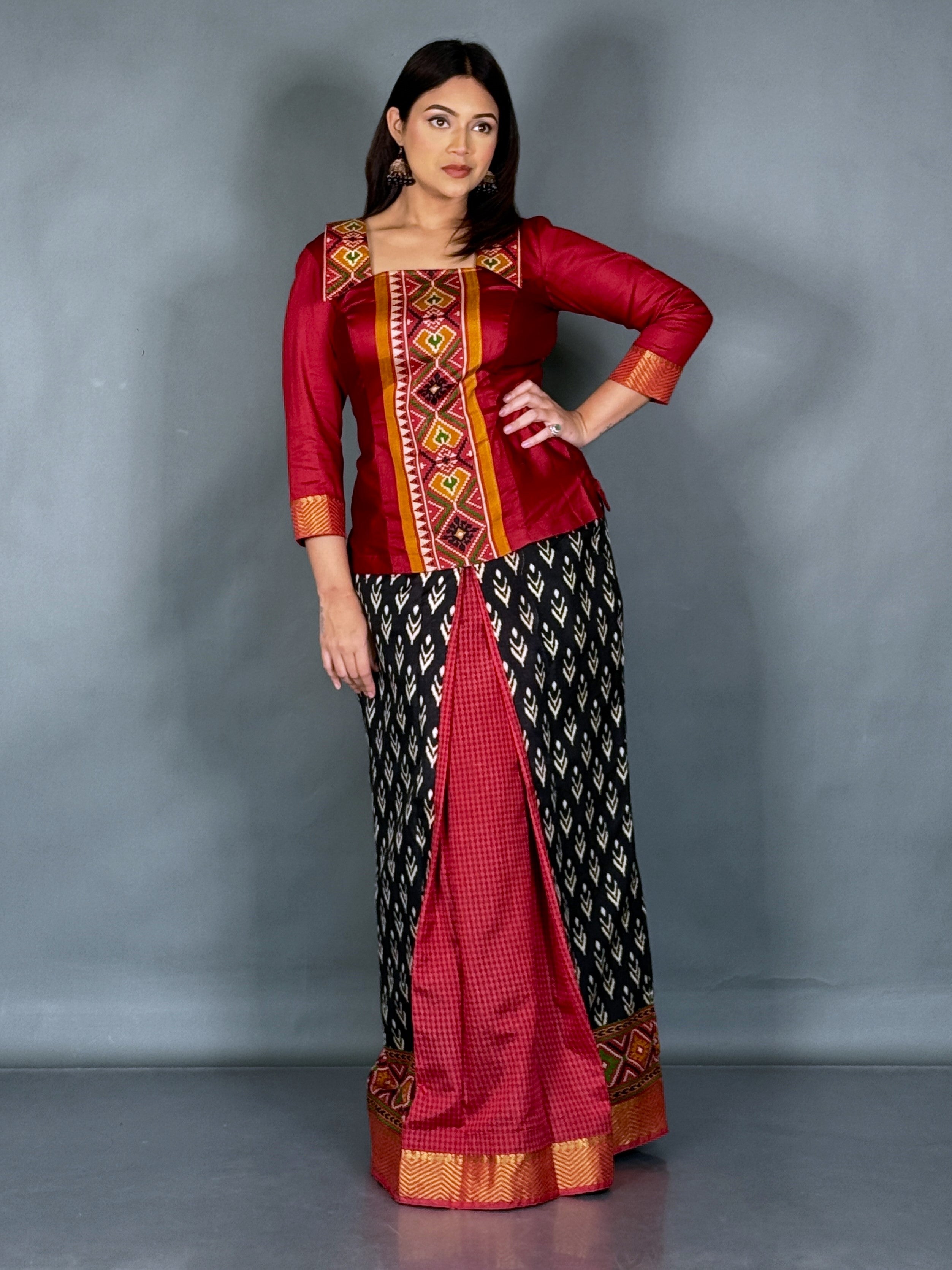 Urban Raga Maroon Black Printed Patola Fusion Set