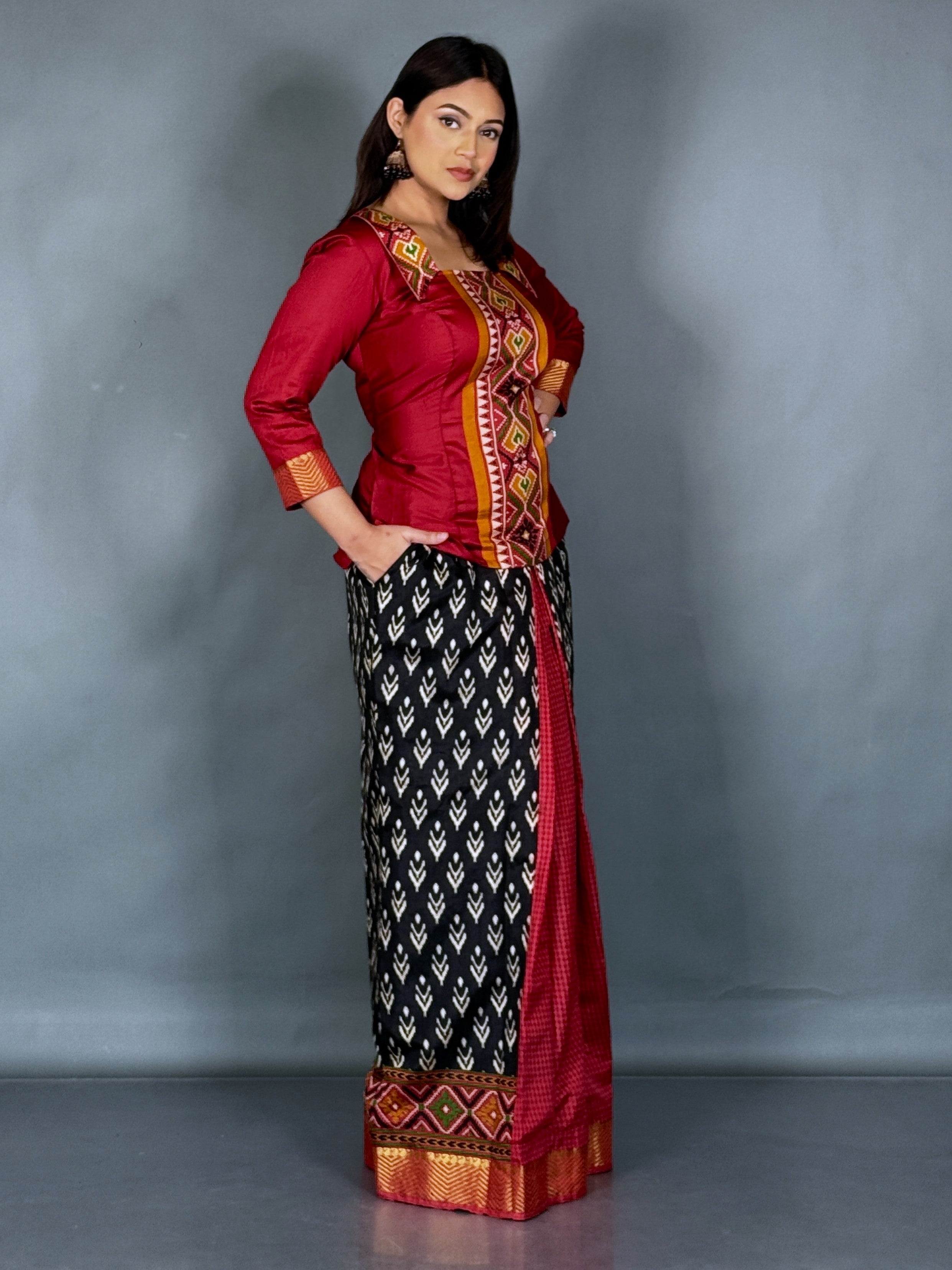 Urban Raga Maroon Black Printed Patola Fusion Set