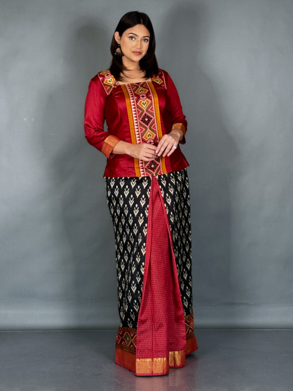 Urban Raga Maroon Black Printed Patola Fusion Set
