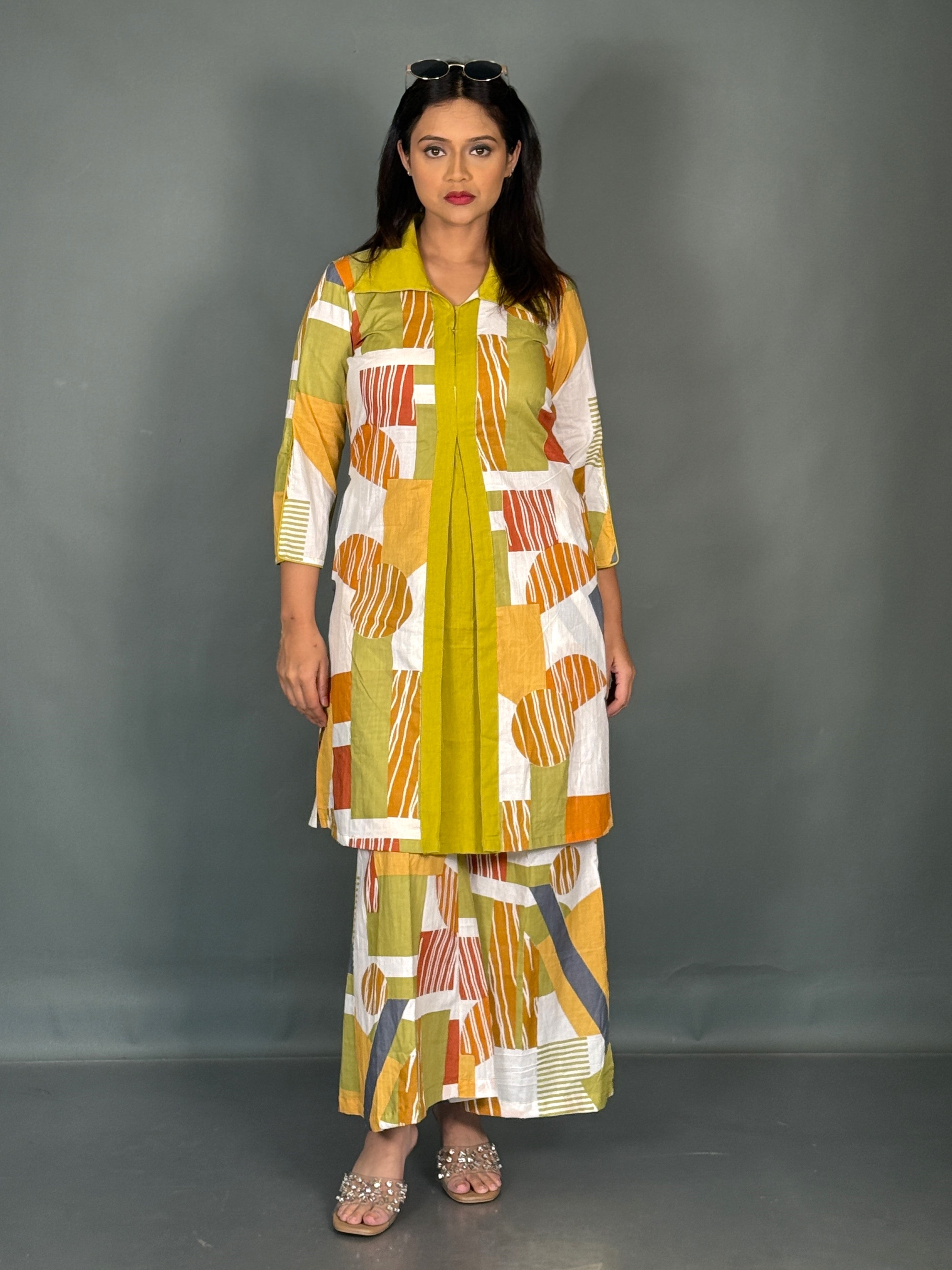 Elegant Multicolour Geometric Cotton Co-ord Set