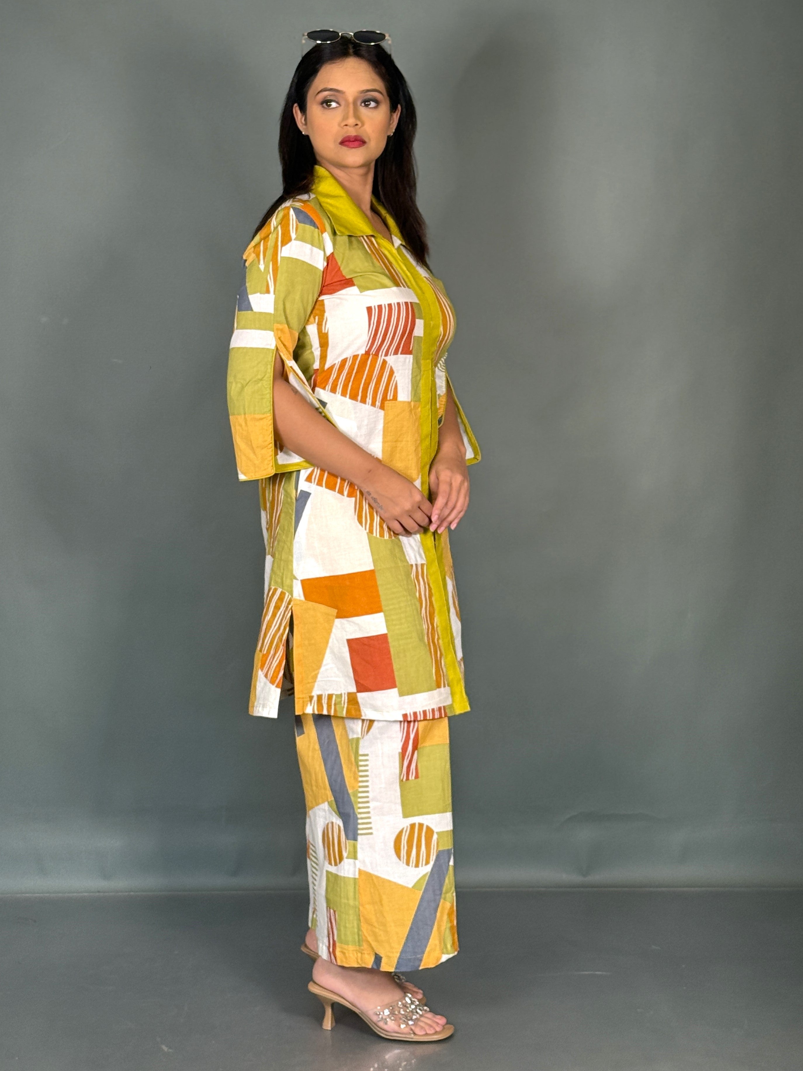 Elegant Multicolour Geometric Cotton Co-ord Set