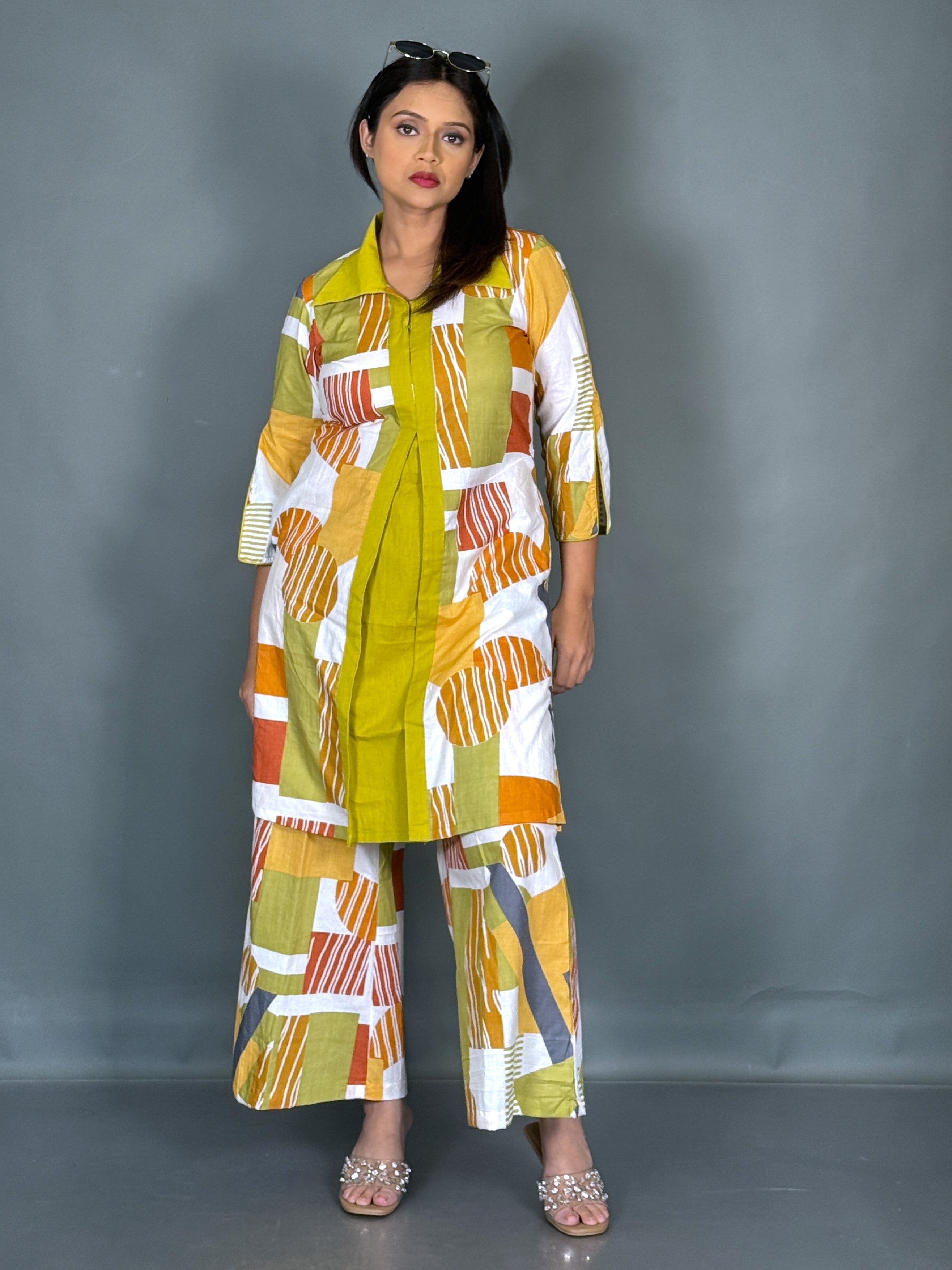 Elegant Multicolour Geometric Cotton Co-ord Set