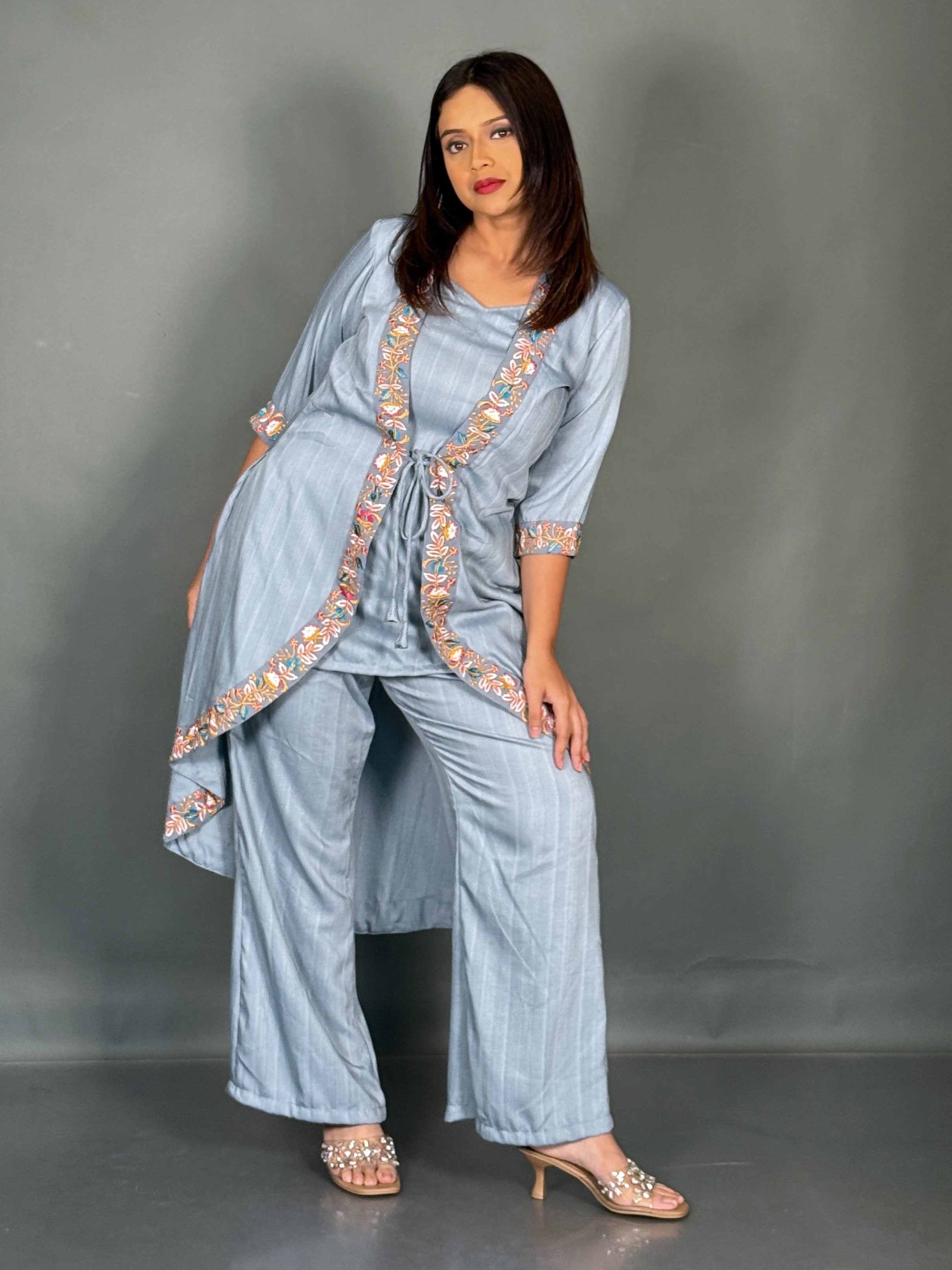 Sky Blue Linen Embroidered V-Neck Co-ord Set