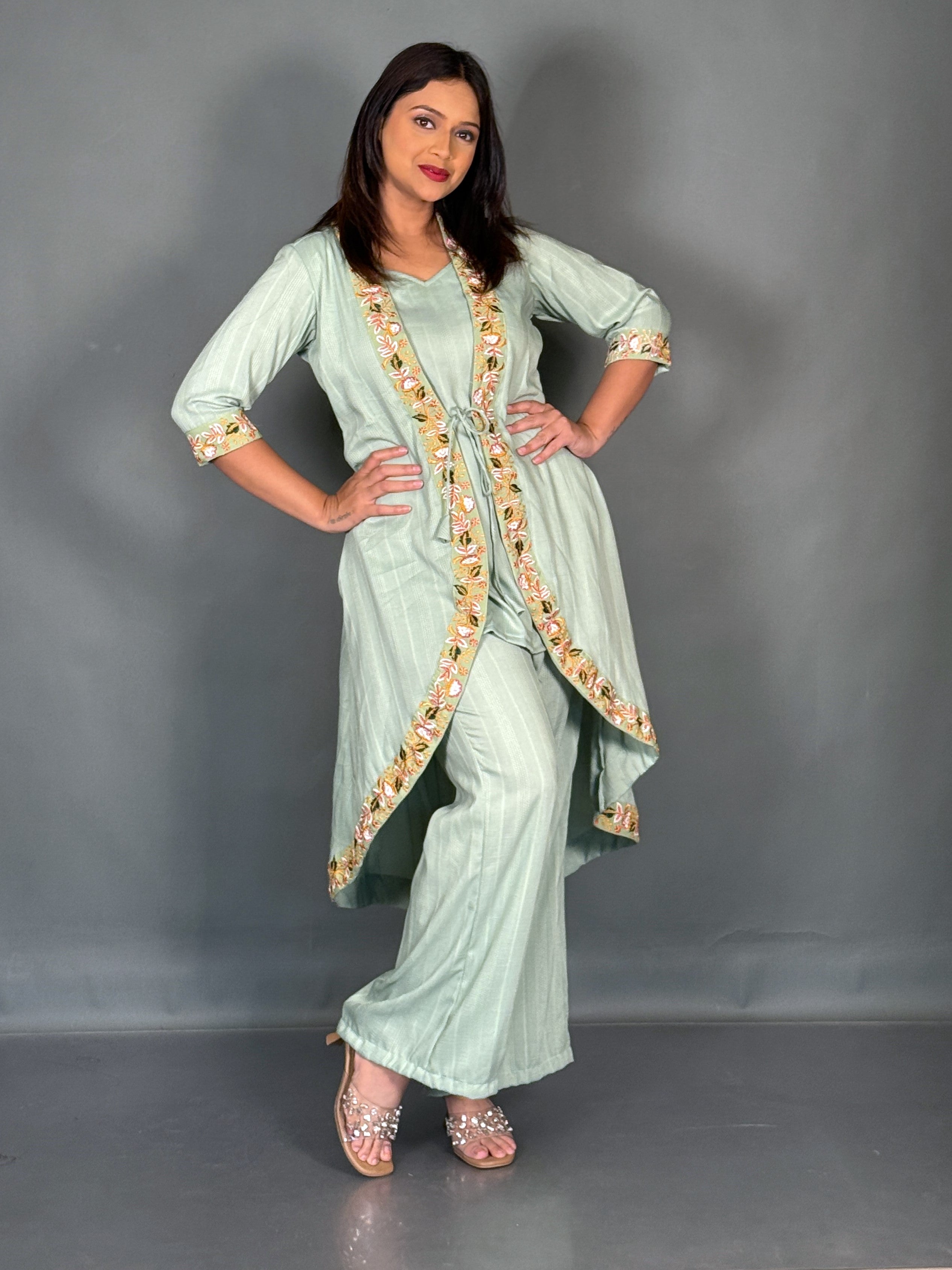 Pistachio Green Linen Embroidered V-Neck Co-ord Set