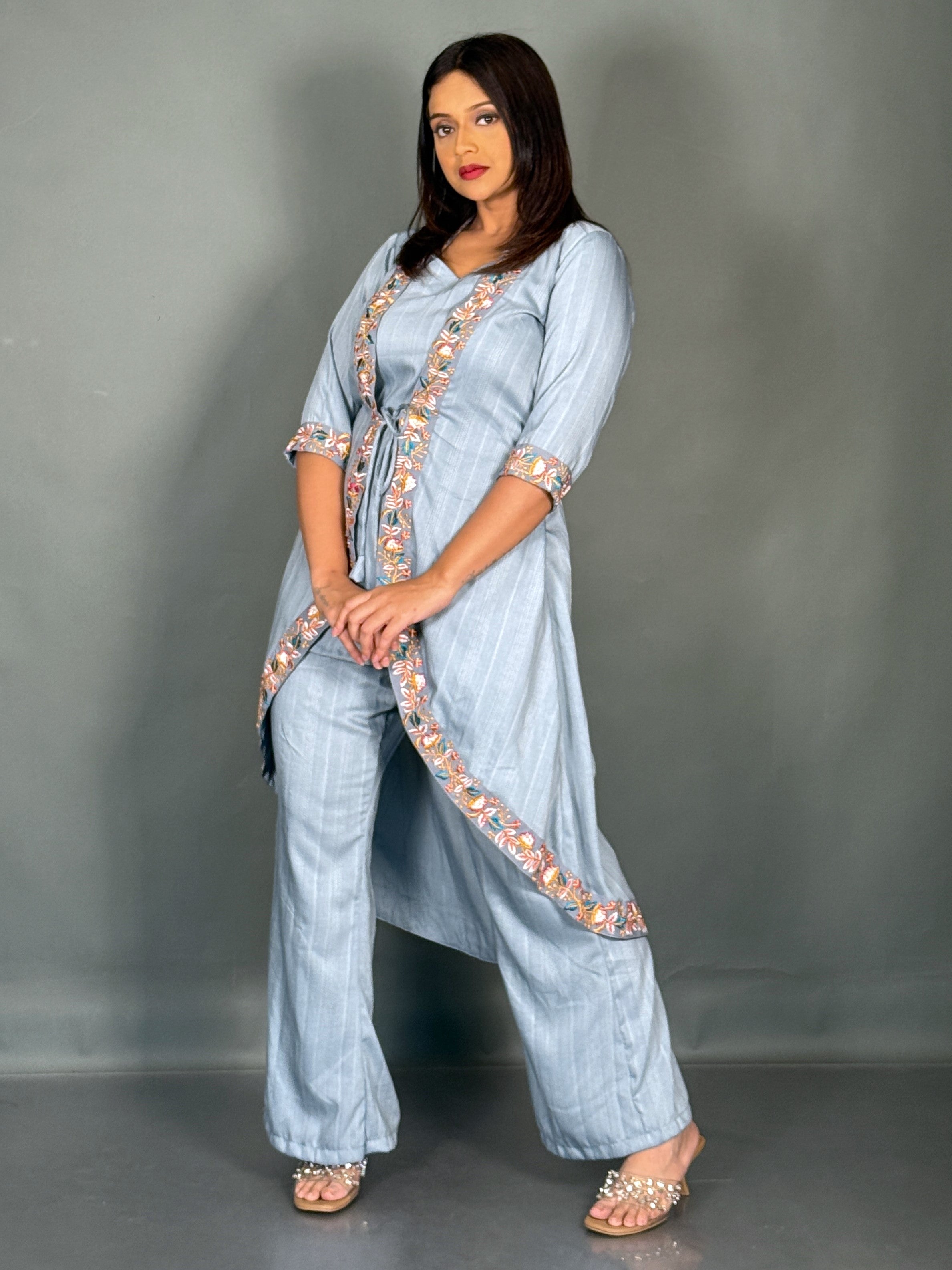 Sky Blue Linen Embroidered V-Neck Co-ord Set