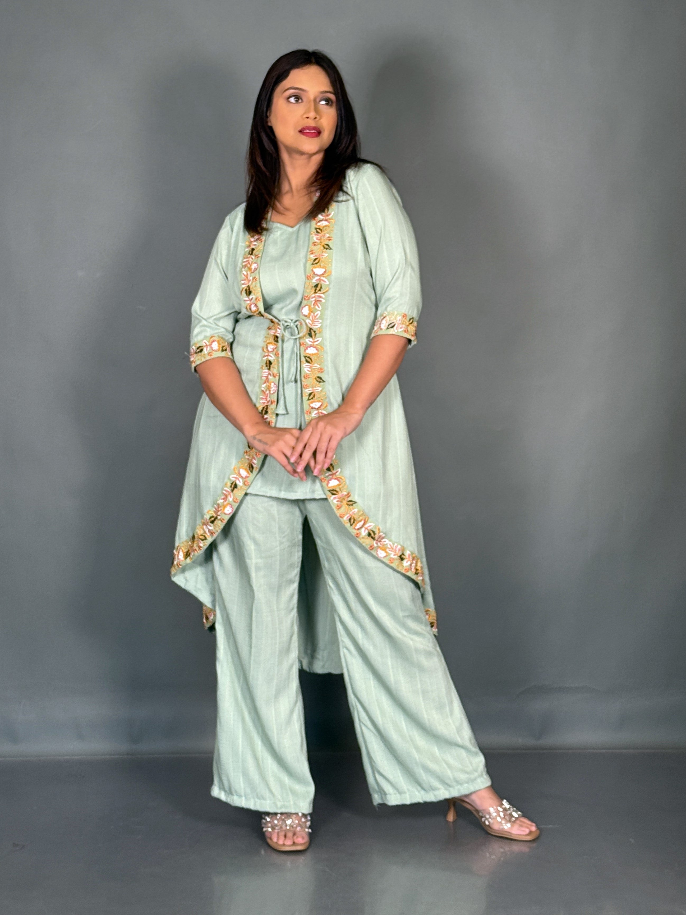 Pistachio Green Linen Embroidered V-Neck Co-ord Set