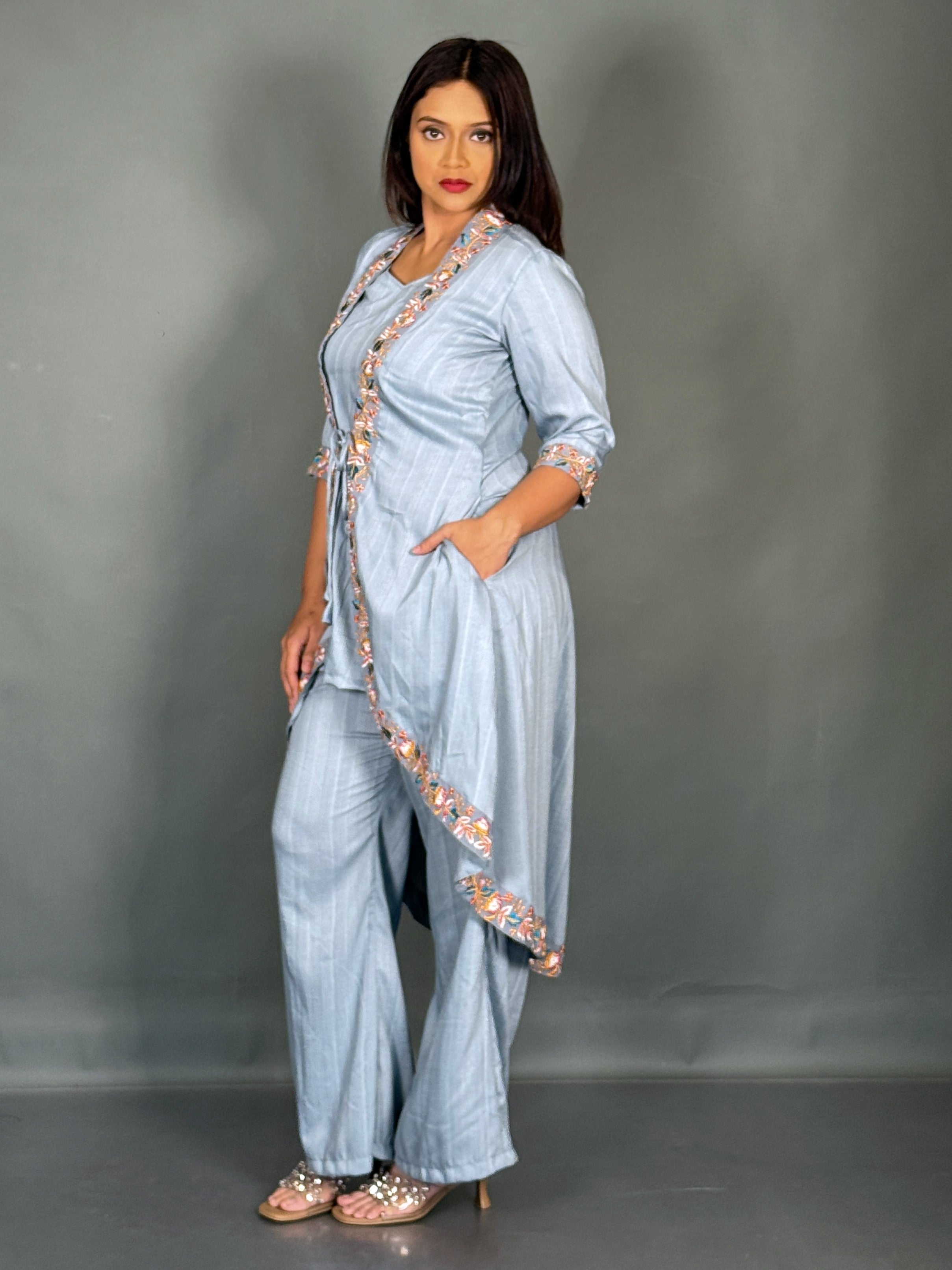 Sky Blue Linen Embroidered V-Neck Co-ord Set
