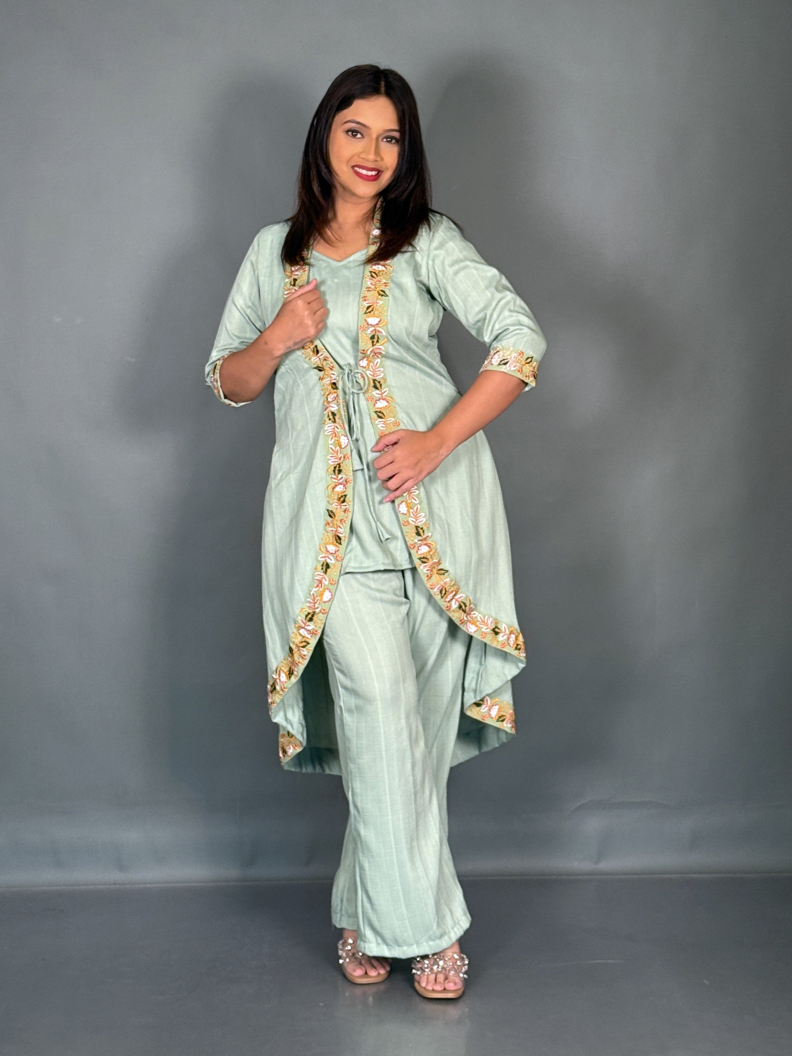 Pistachio Green Linen Embroidered V-Neck Co-ord Set