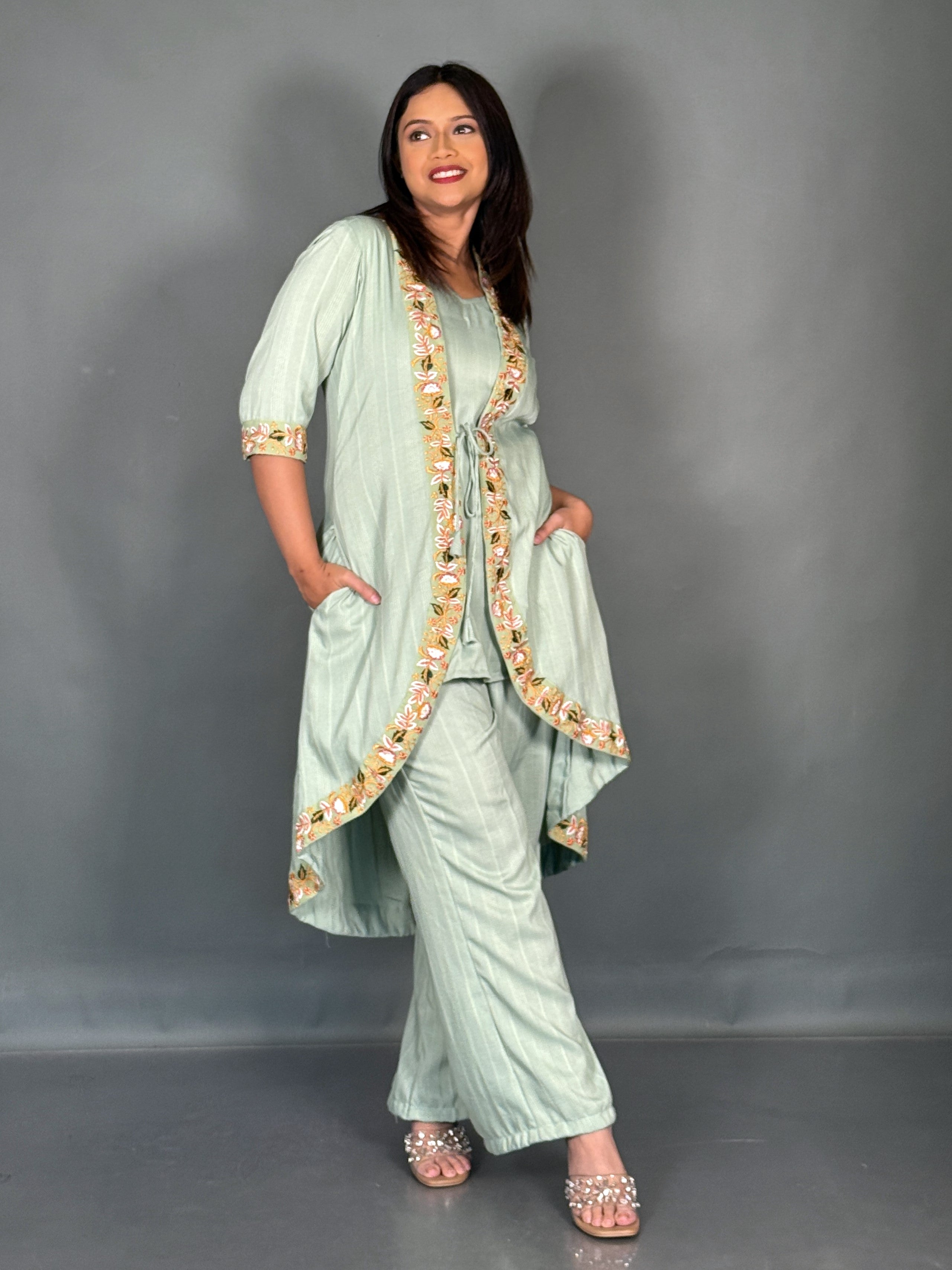 Pistachio Green Linen Embroidered V-Neck Co-ord Set
