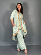 Pistachio Green Linen Embroidered V-Neck Co-ord Set