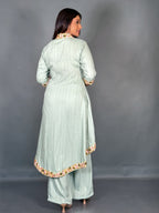 Pistachio Green Linen Embroidered V-Neck Co-ord Set