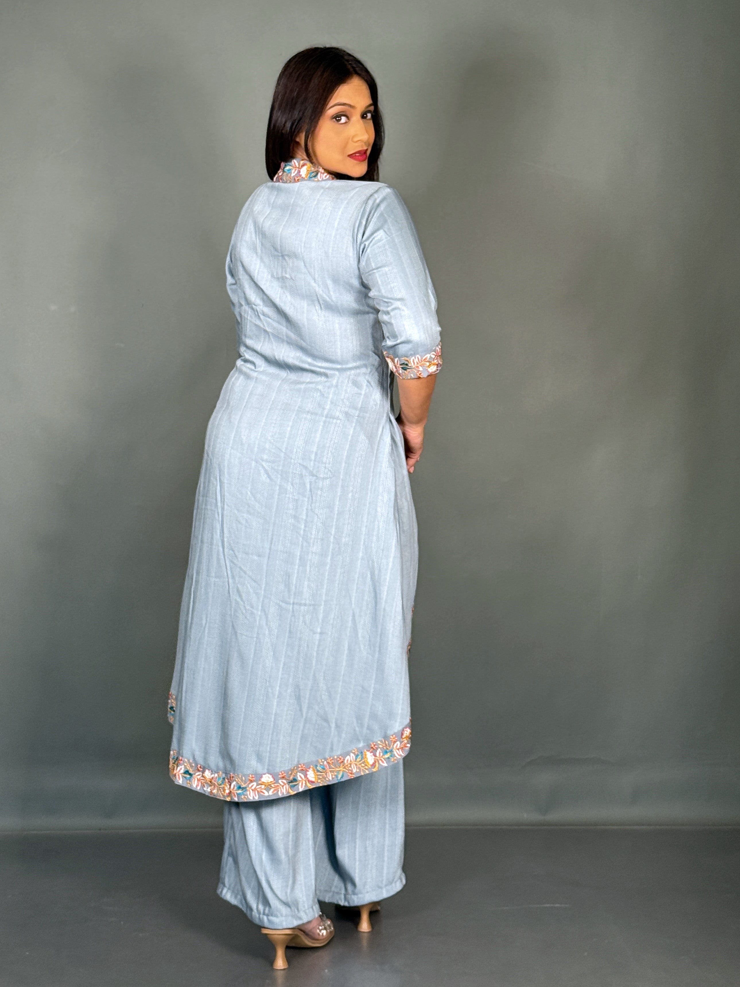 Sky Blue Linen Embroidered V-Neck Co-ord Set