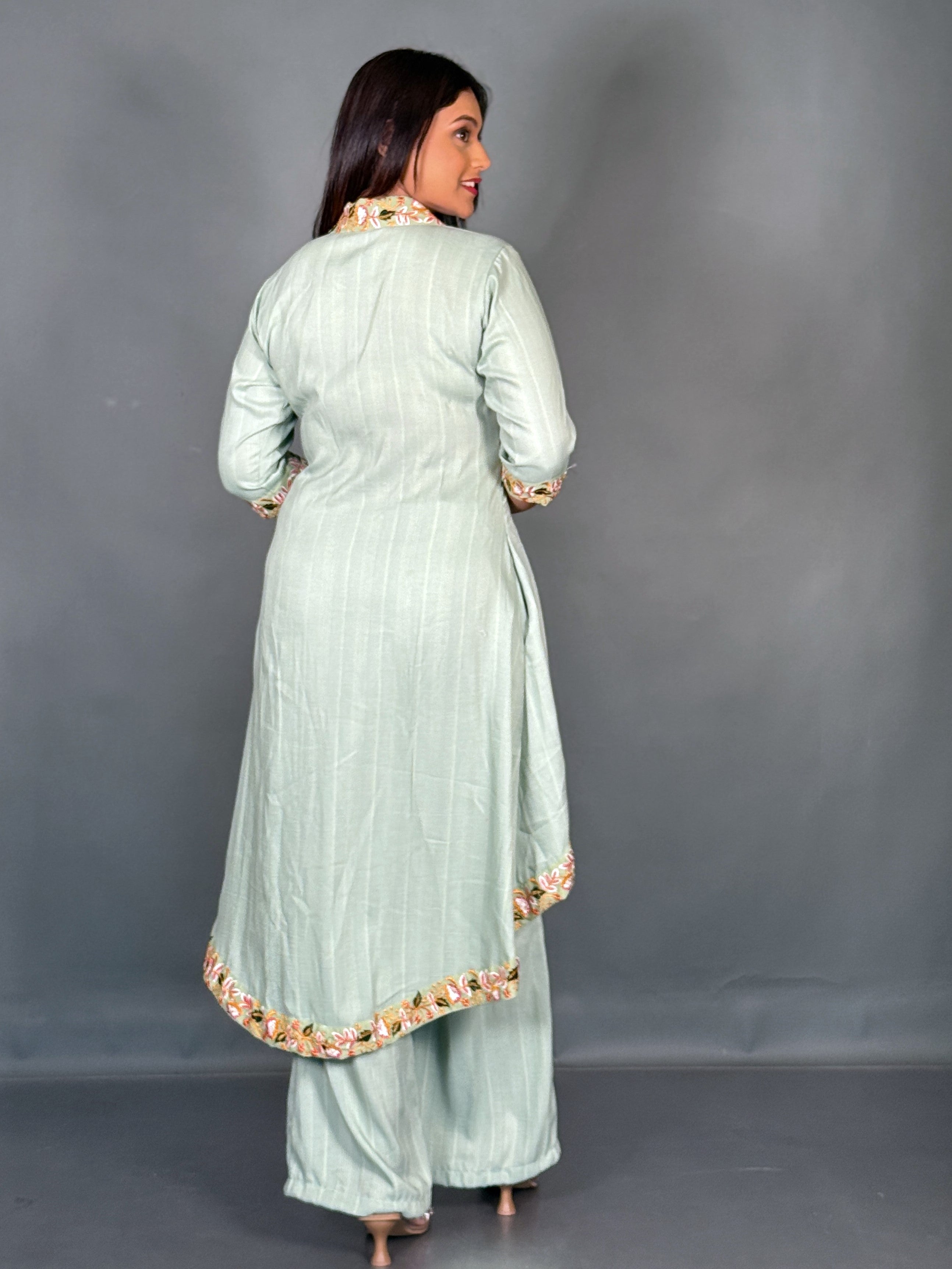Pistachio Green Linen Embroidered V-Neck Co-ord Set