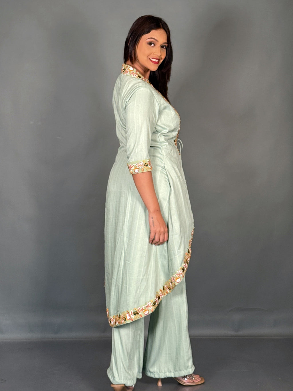 Pistachio Green Linen Embroidered V-Neck Co-ord Set