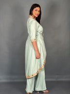 Pistachio Green Linen Embroidered V-Neck Co-ord Set