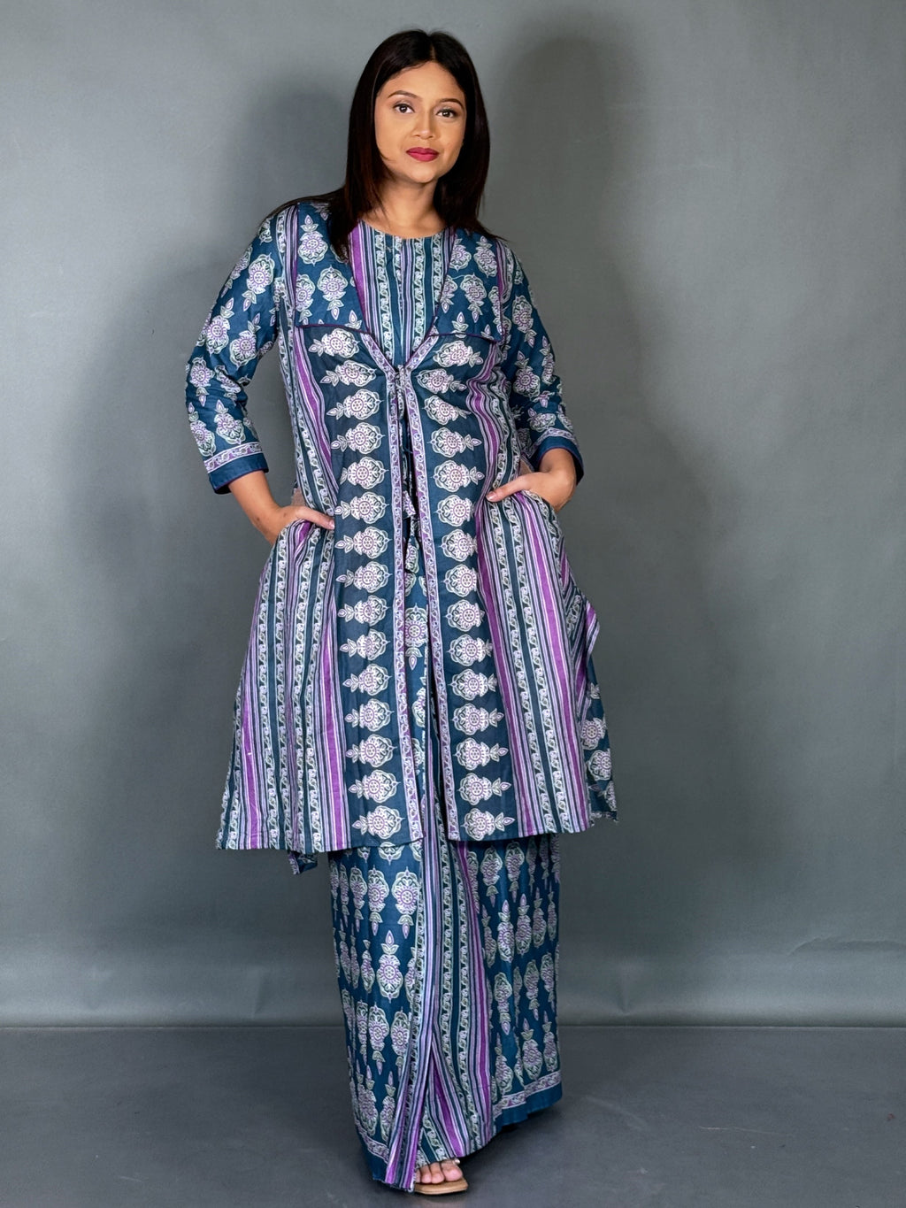 Royal Peacock Purple Fusion Saree Skirt Set