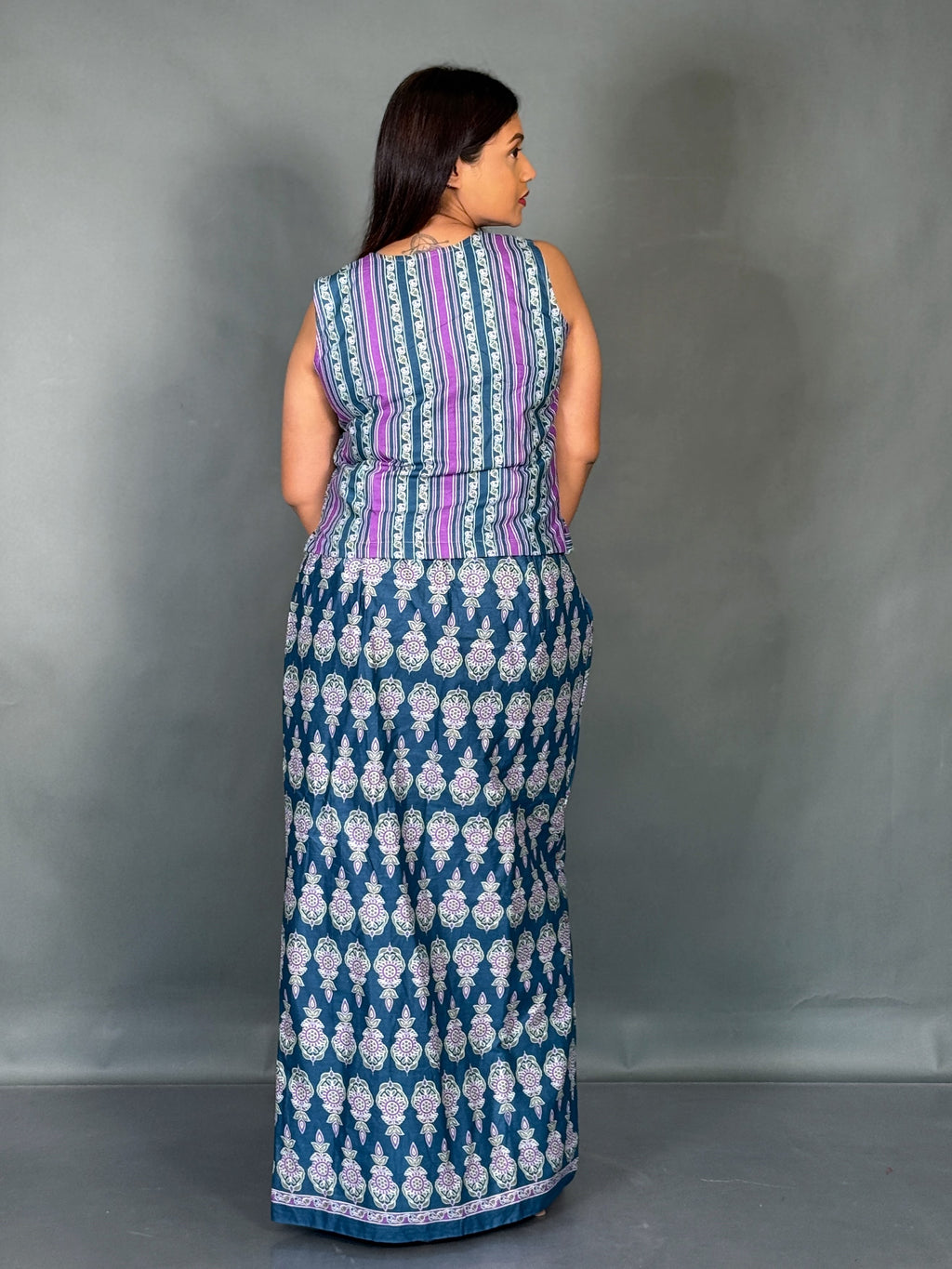 Royal Peacock Purple Fusion Saree Skirt Set