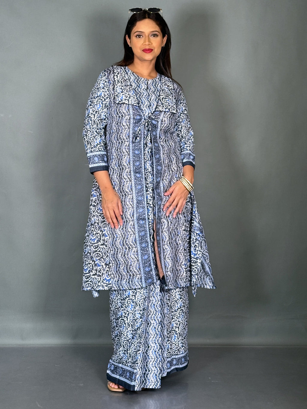 Sky Bloom Cotton Fusion Saree Skirt Set