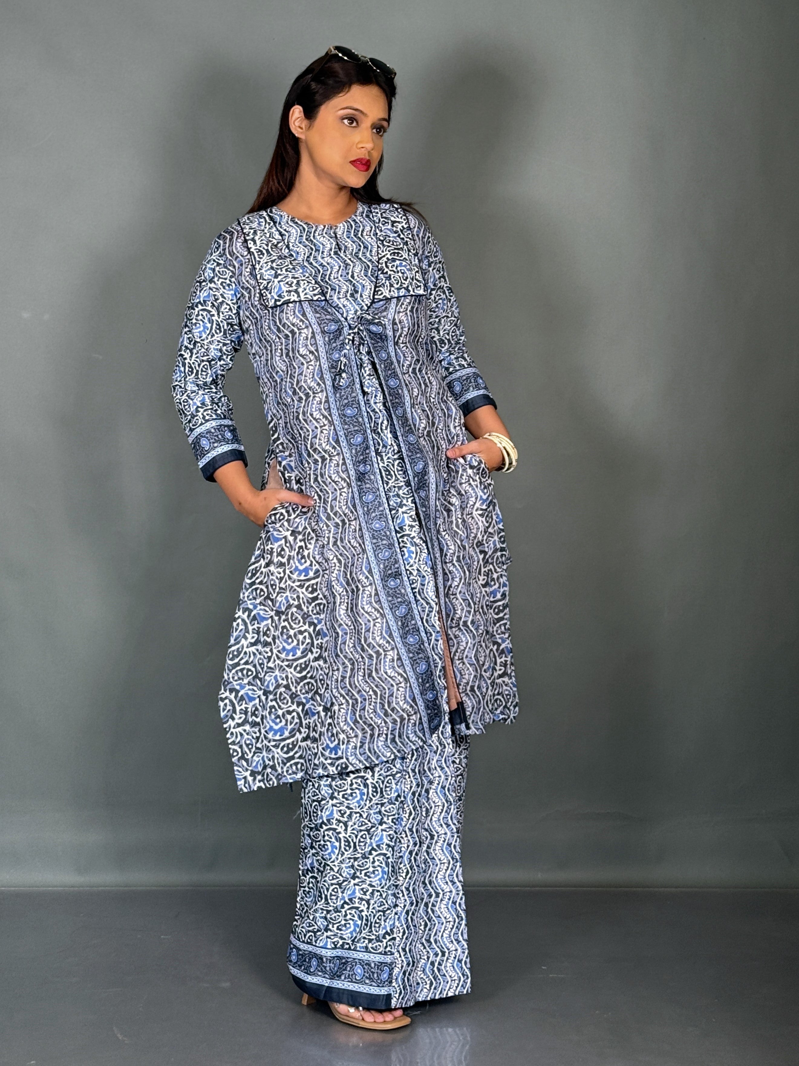 Sky Bloom Cotton Fusion Saree Skirt Set