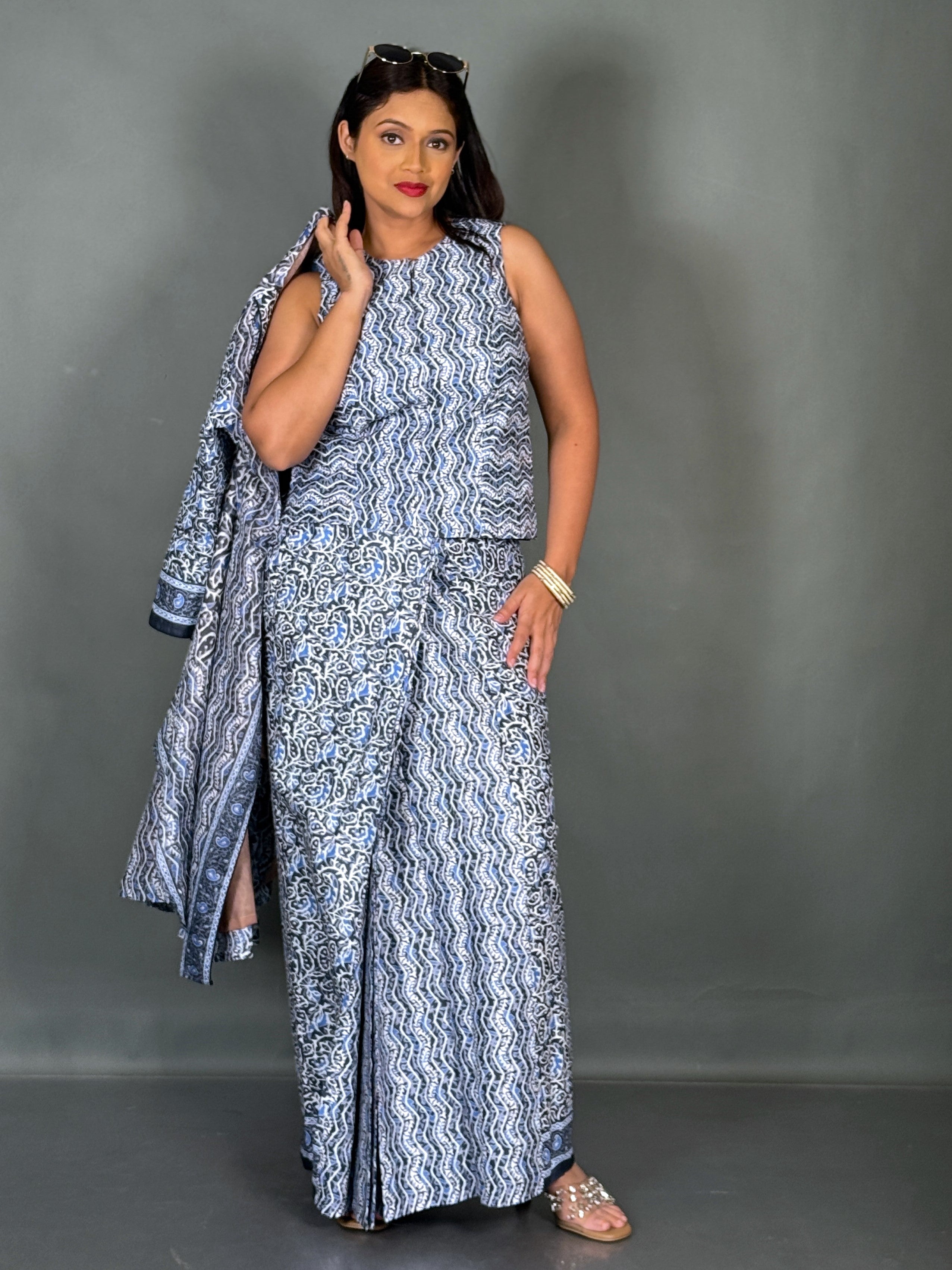 Sky Aura Plus Size Cotton Saree Skirt Fusion Set