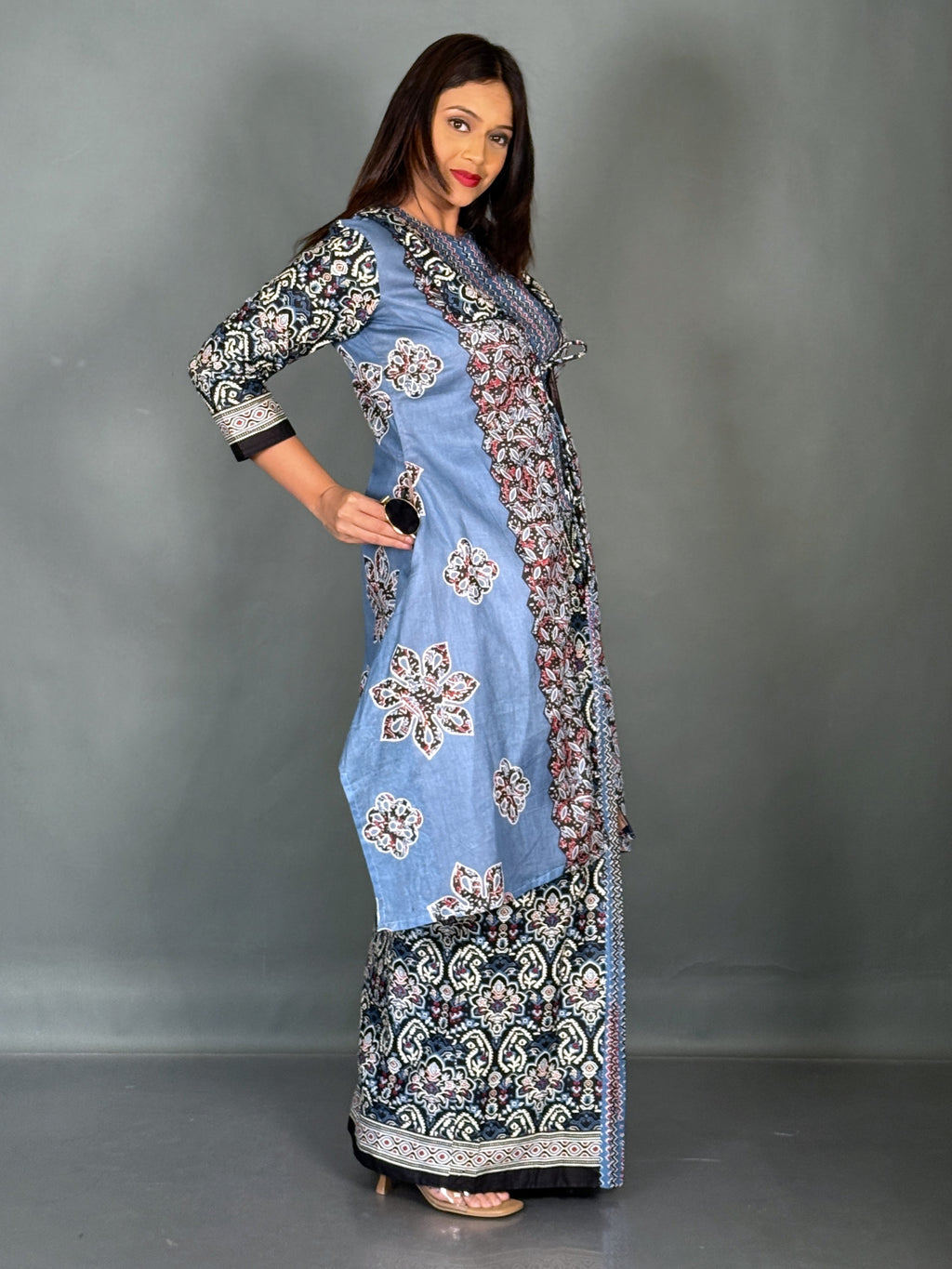 Midnight Sky Cotton Saree Skirt Fusion Set