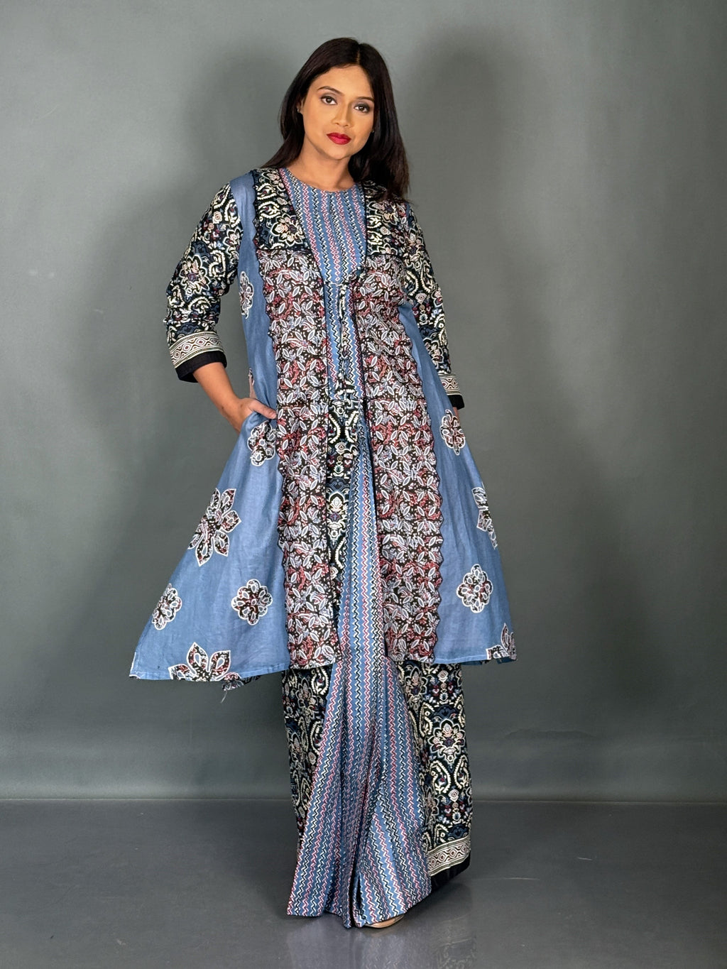 Midnight Sky Cotton Saree Skirt Fusion Set