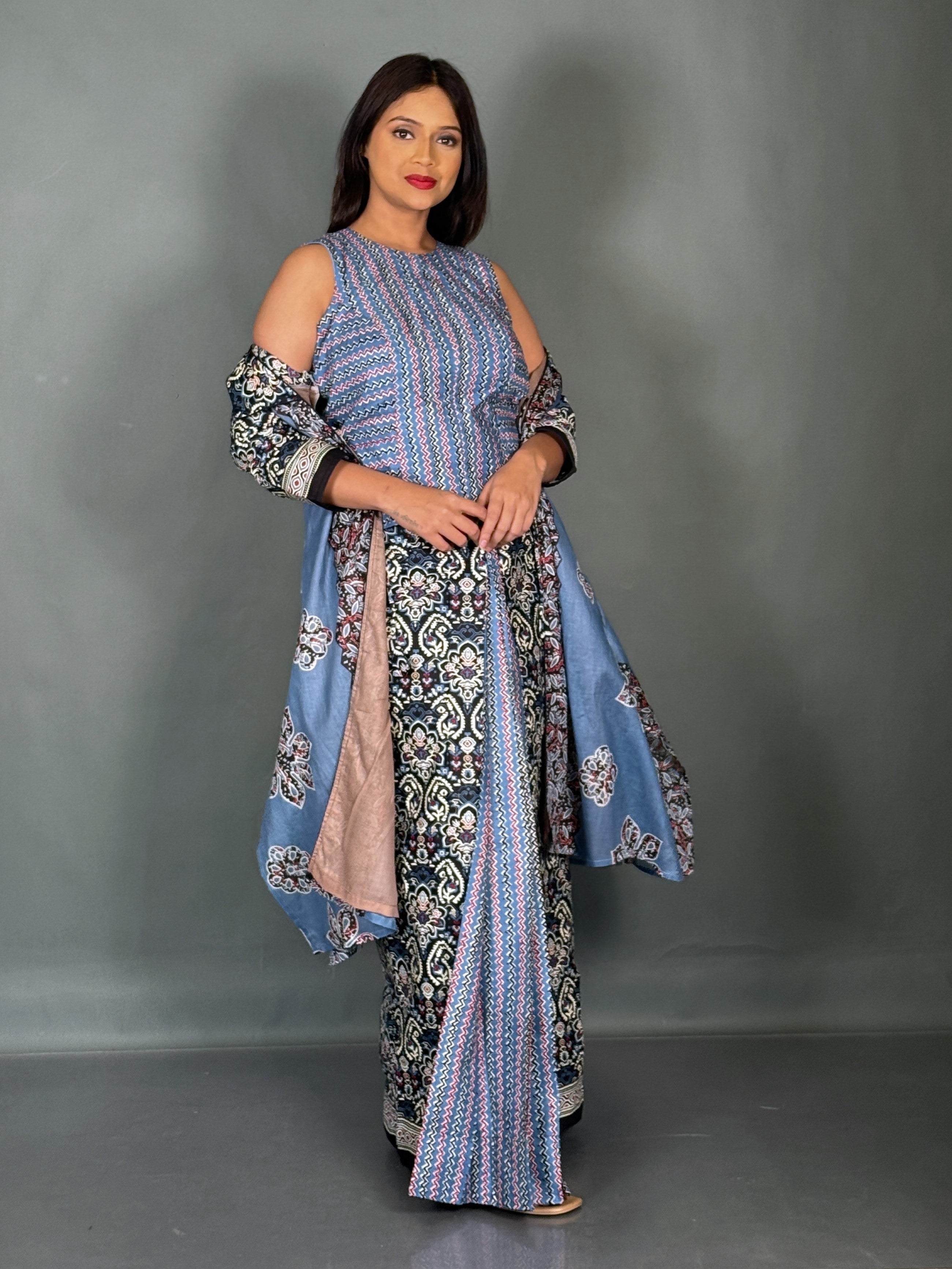 Midnight Sky Cotton Saree Skirt Fusion Set