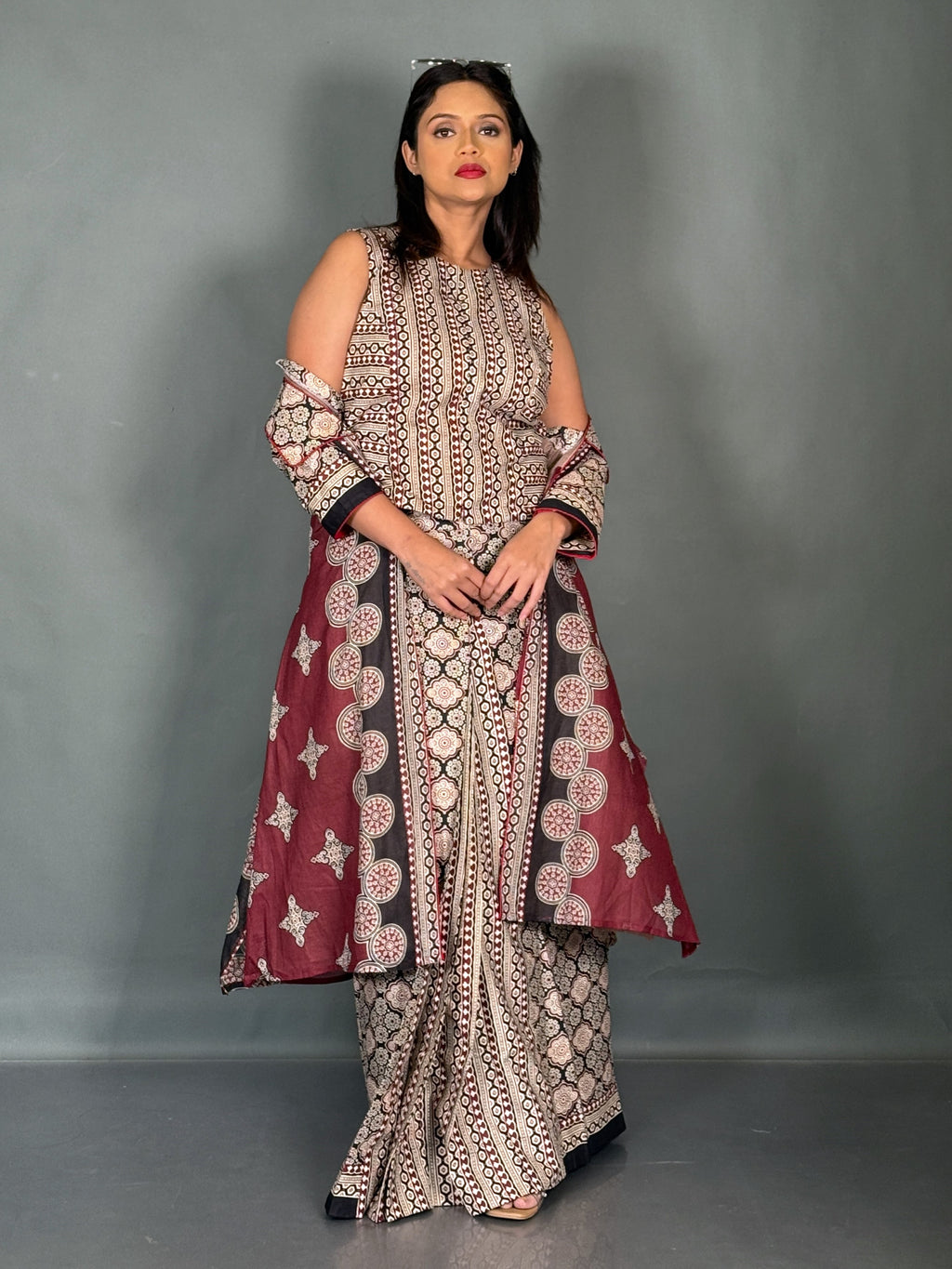 Royal Maroon Beige Cotton Saree Skirt Fusion Set